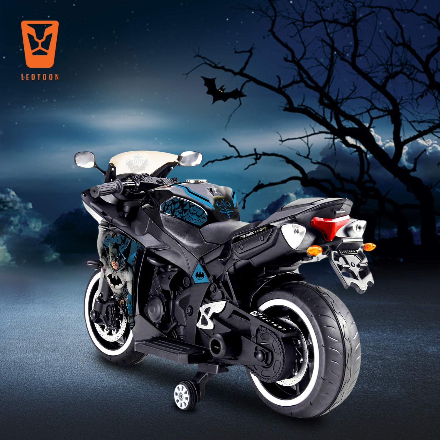 Leotoon Licensed Batman Bike | 12V/5AH Battery | 12V/15000 RPM Motor | Hand Accelerator | USB/MP3 Interface | Educational Rhymes | LED Light | English Music | BIS Certified | (Metallic Black) (3-8 Years)