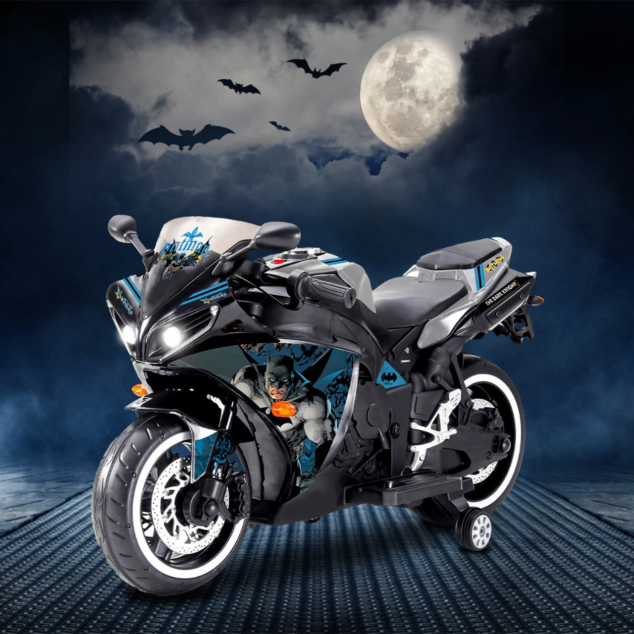 Leotoon Licensed Batman Bike | 12V/5AH Battery | 12V/15000 RPM Motor | Hand Accelerator | USB/MP3 Interface | Educational Rhymes | LED Light | English Music | BIS Certified | (Metallic Silver) (3-8 Years)