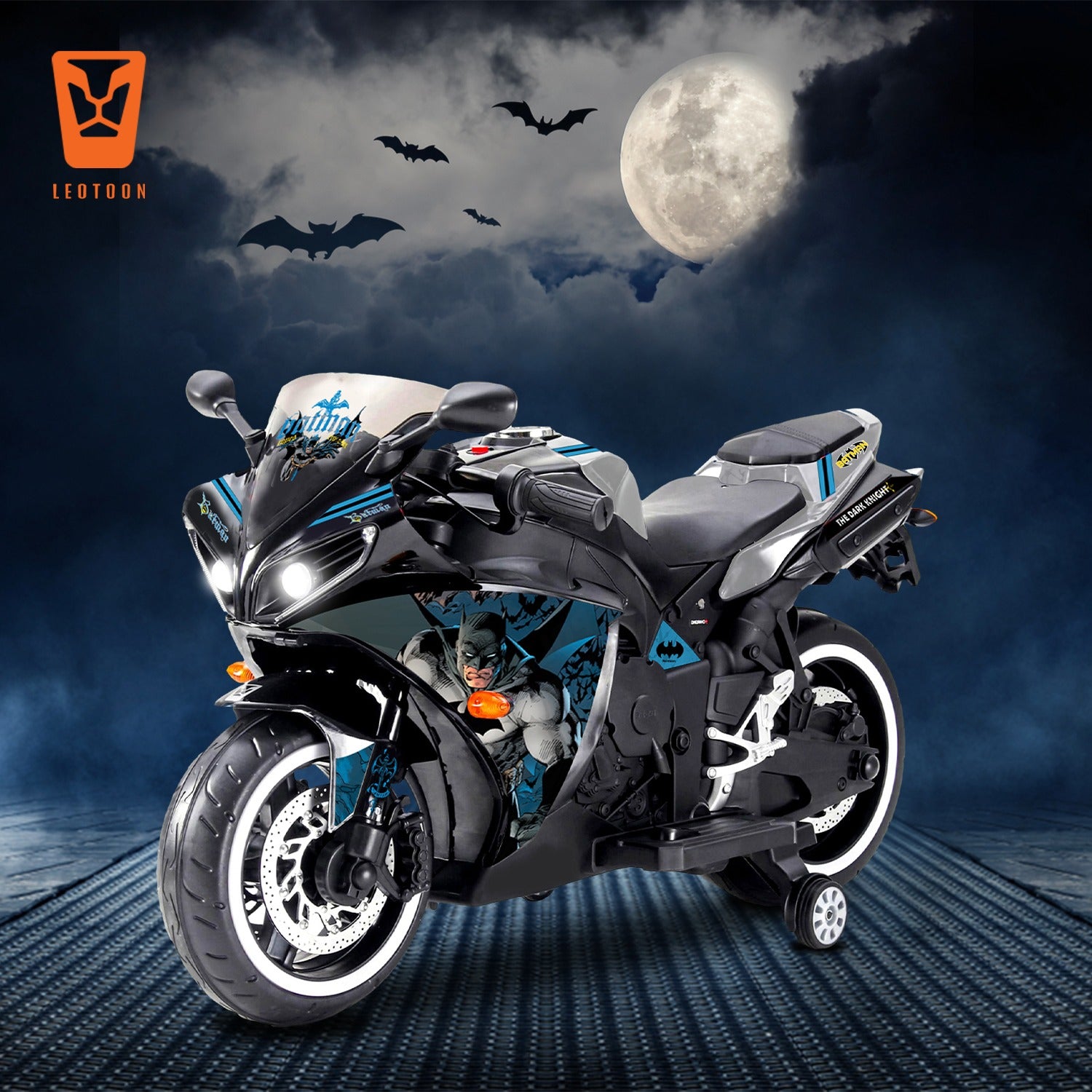 Leotoon Licensed Batman Bike | 12V/5AH Battery | 12V/15000 RPM Motor | Hand Accelerator | USB/MP3 Interface | Educational Rhymes | LED Light | English Music | BIS Certified | (Metallic Silver) (3-8 Years)
