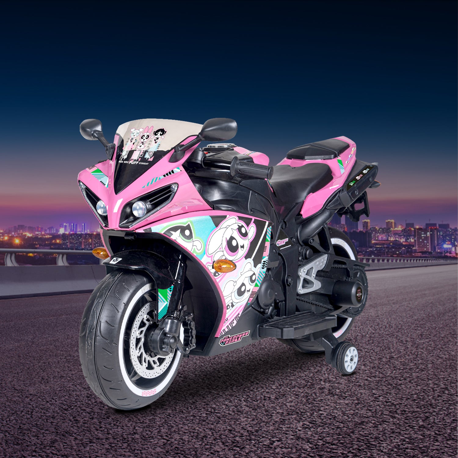 Leotoon Licensed Power Puff Girls Bike | 12V/5AH Battery | 12V/15000 RPM Motor | Hand Accelerator | USB/MP3 Interface | LED Light | English Music & Rhymes | BIS Certified | (Metallic Pink) (3-8 Years)