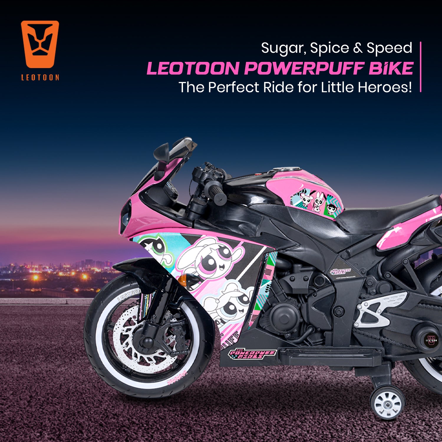 Leotoon Licensed Power Puff Girls Bike | 12V/5AH Battery | 12V/15000 RPM Motor | Hand Accelerator | USB/MP3 Interface | LED Light | English Music & Rhymes | BIS Certified | (Metallic Pink) (3-8 Years)