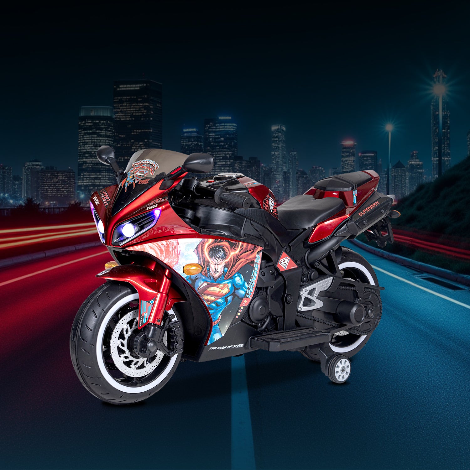 Leotoon Licensed Superman Bike | 12V/5AH Battery | 12V/15000 RPM Motor | Hand Accelerator | USB/MP3 Interface | LED Light | English Music & Rhymes | BIS Certified | (Metallic Red) (3-8 Years)