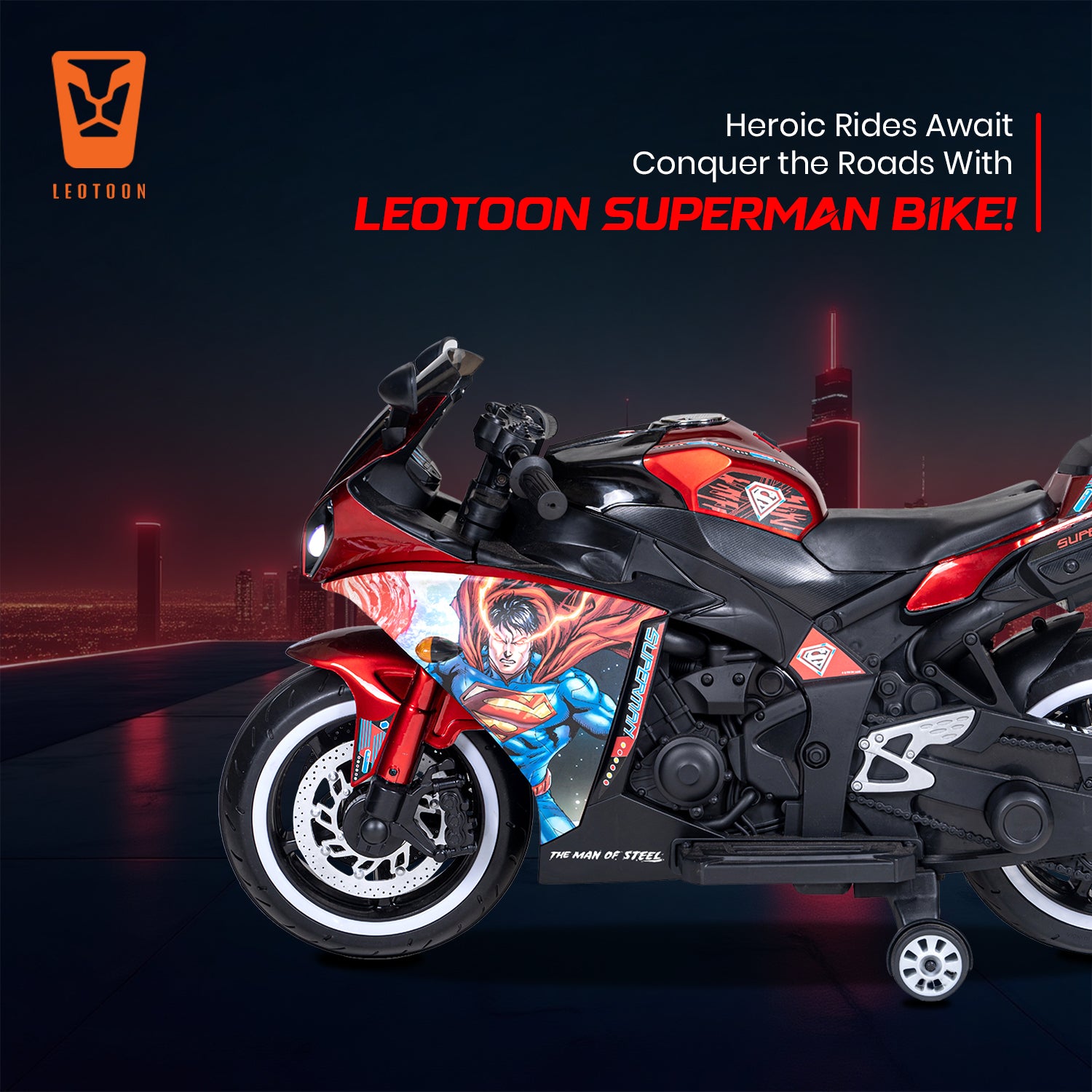 Leotoon Licensed Superman Bike | 12V/5AH Battery | 12V/15000 RPM Motor | Hand Accelerator | USB/MP3 Interface | LED Light | English Music & Rhymes | BIS Certified | (Metallic Red) (3-8 Years)