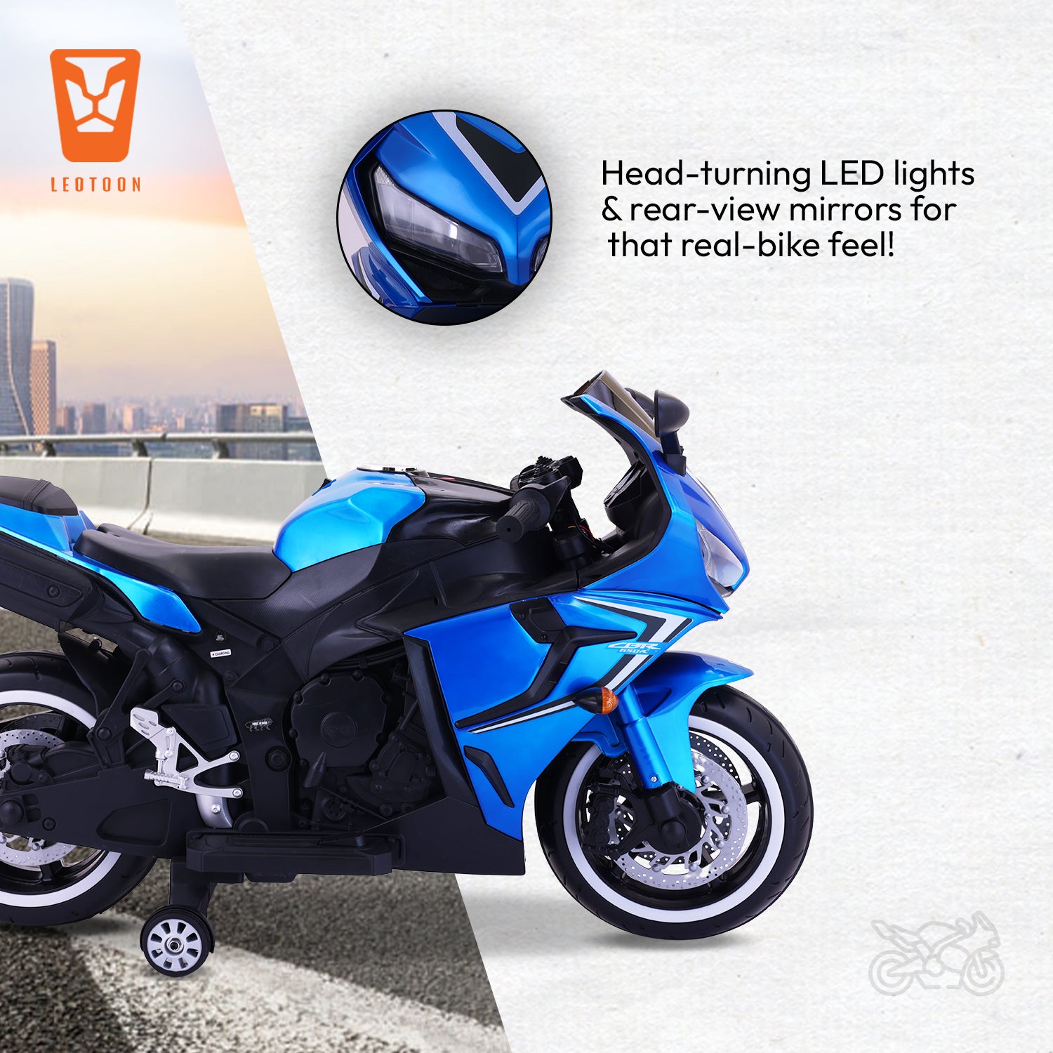 Leotoon Velvortex Bike | 12V/5AH Battery | 12V/15000 RPM Motor | Hand Accelerator | USB/MP3 Interface | Educational Rhymes | LED Light | English Music | BIS Certified | (Metallic Blue) (3-8 Years)