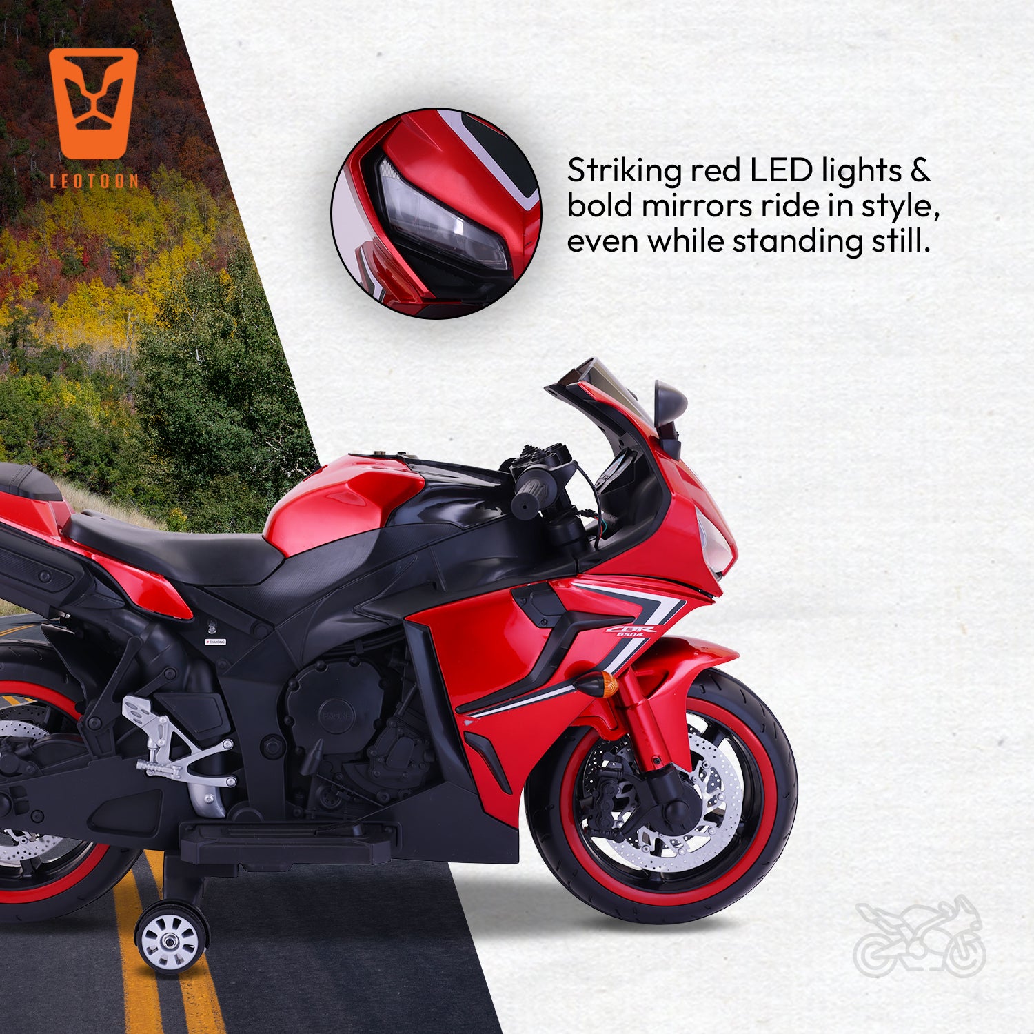 Leotoon Velvortex Bike | 12V/5AH Battery | 12V/15000 RPM Motor | Hand Accelerator | USB/MP3 Interface | Educational Rhymes | LED Light | English Music | BIS Certified | (Metallic Red) (3-8 Years)