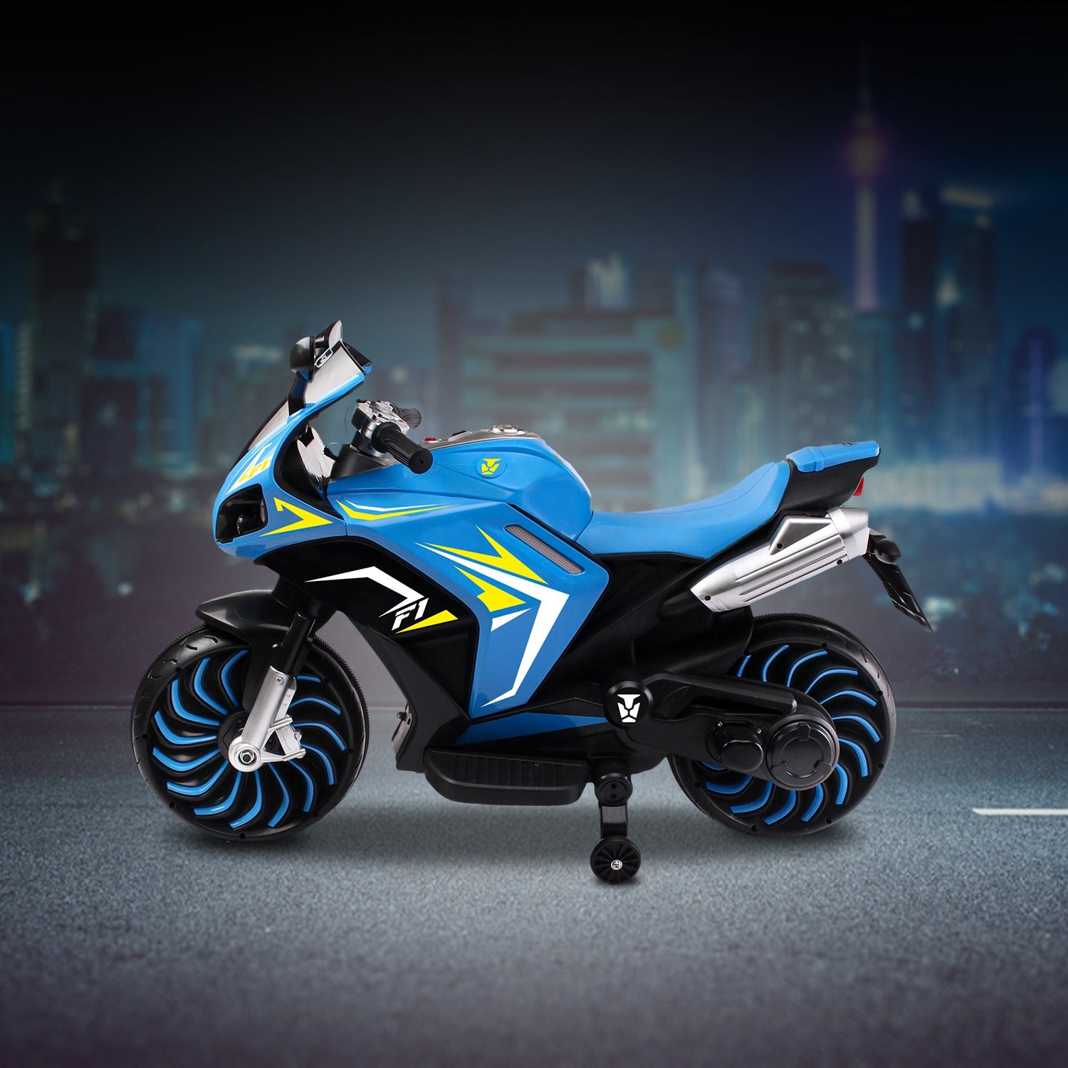 Leotoon Spudzilla Kids Bike | 12V/8AH Battery | 12V/9000 RPM 2 Motors | Hand Accelerator | USB/MP3 Interface | Educational Rhymes | LED Light | English Music | BIS Certified | (Blue) (3-10 Years)