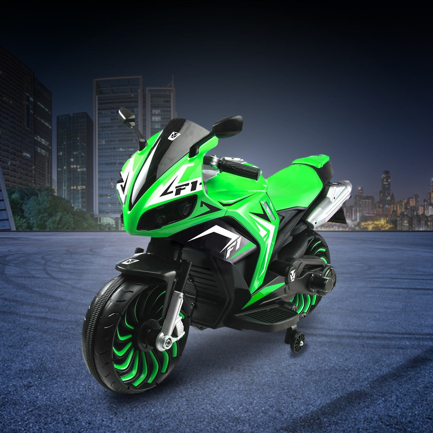 Leotoon Spudzilla Kids Bike | 12V/8AH Battery | 12V/9000 RPM 2 Motors | Hand Accelerator | USB/MP3 Interface | Educational Rhymes | LED Light | English Music | BIS Certified | (Green) (3-10 Years)