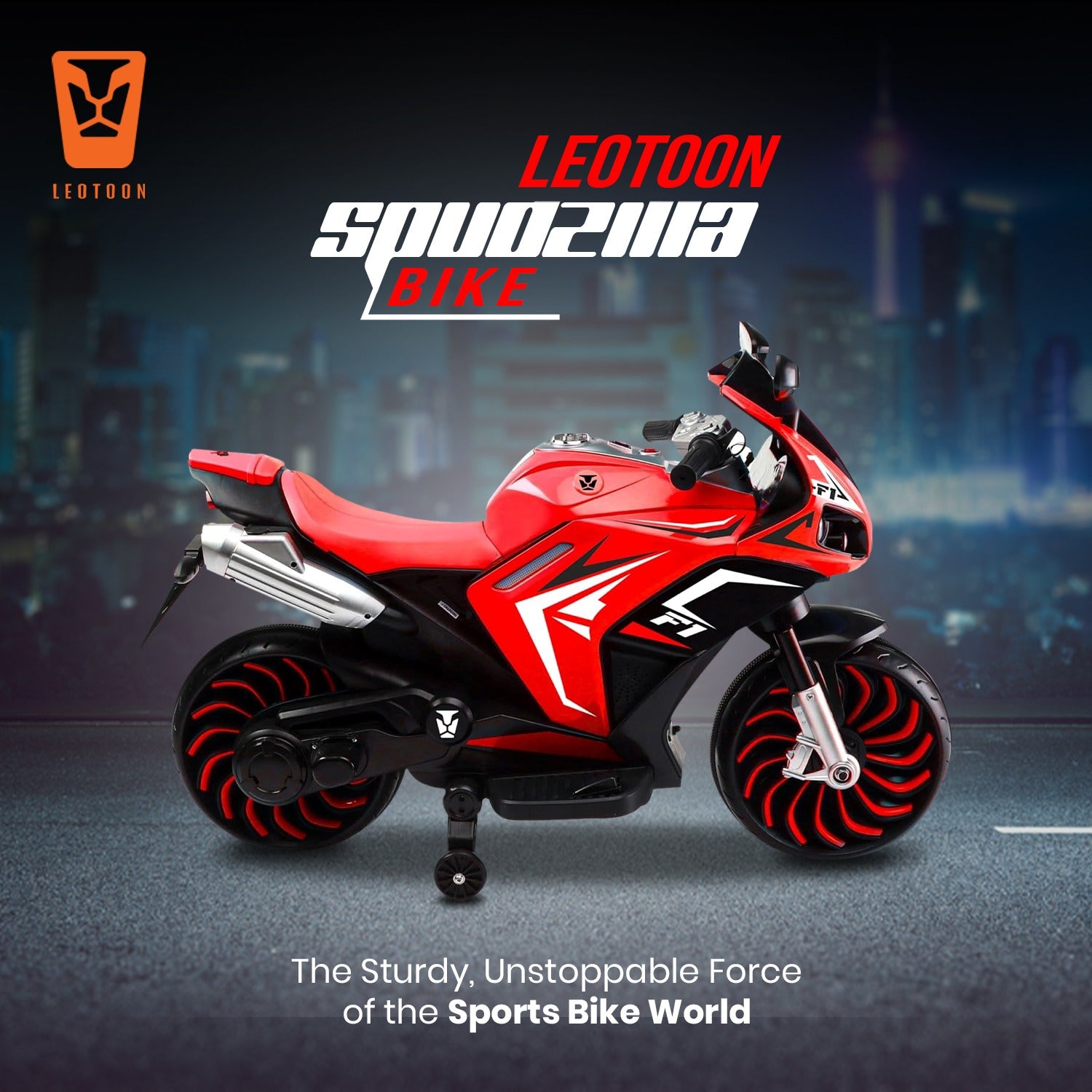 Leotoon Spudzilla Kids Bike | 12V/8AH Battery | 12V/9000 RPM 2 Motors | Hand Accelerator | USB/MP3 Interface | Educational Rhymes | LED Light | English Music | BIS Certified | (Red) (3-10 Years)