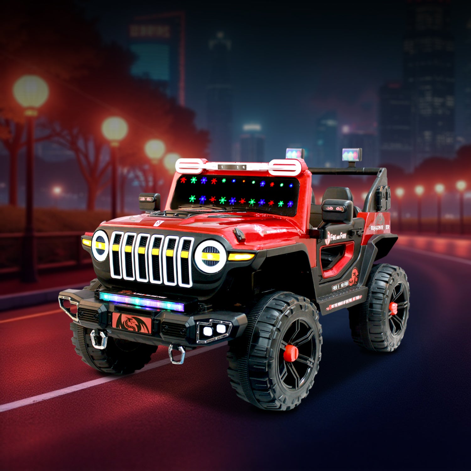 Leotoon Dragon SUV | 2B 6V/5AH | 4M 12V/16000 RPM | 2.4 GHz Remote | USB/MP3 | 2 Seater | Rocking | Windshield Dancing LED | Bumper With LED | BIS Certified | (Metallic Red) (3-10 Years)