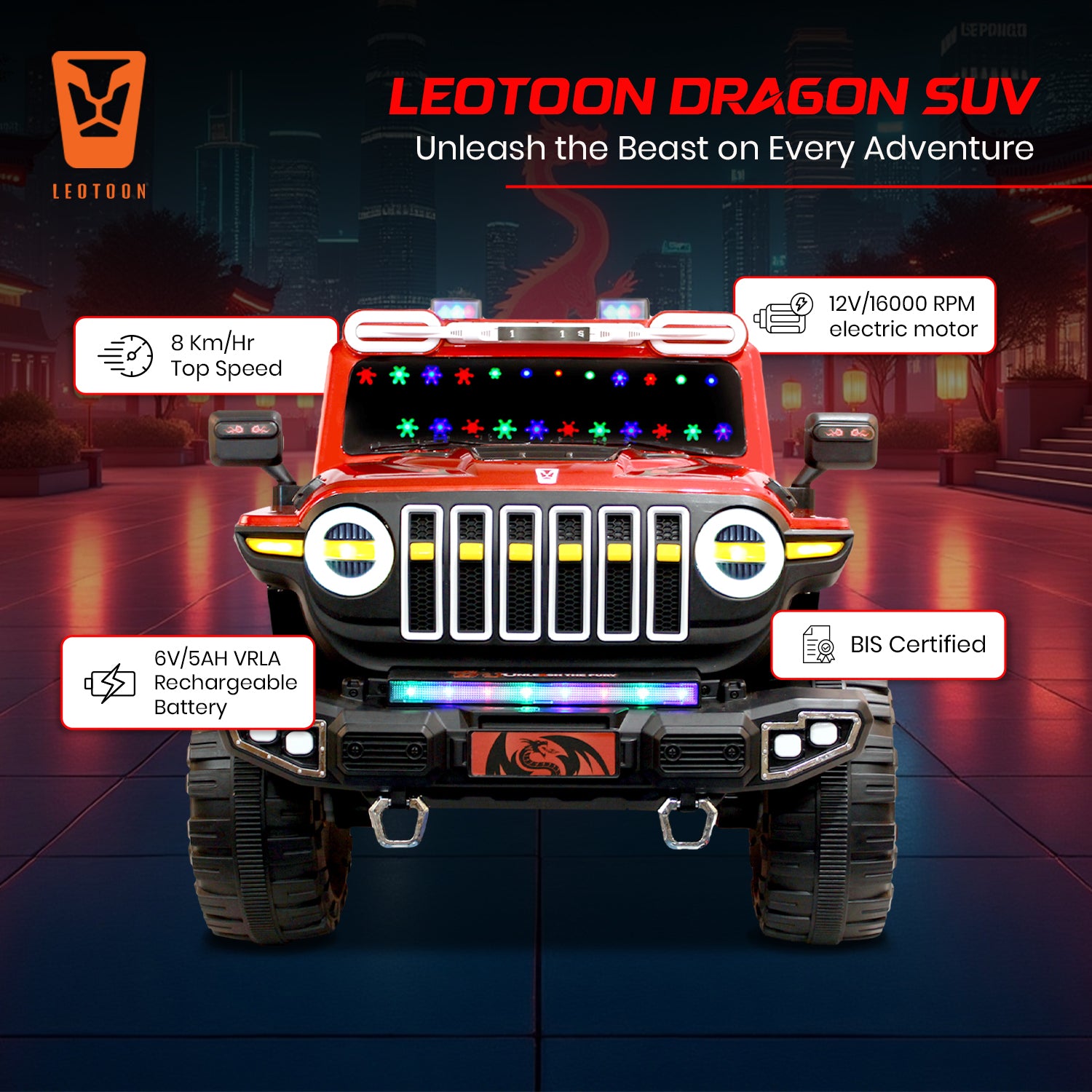 Leotoon Dragon SUV | 2B 6V/5AH | 4M 12V/16000 RPM | 2.4 GHz Remote | USB/MP3 | 2 Seater | Rocking | Windshield Dancing LED | Bumper With LED | BIS Certified | (Metallic Red) (3-10 Years)