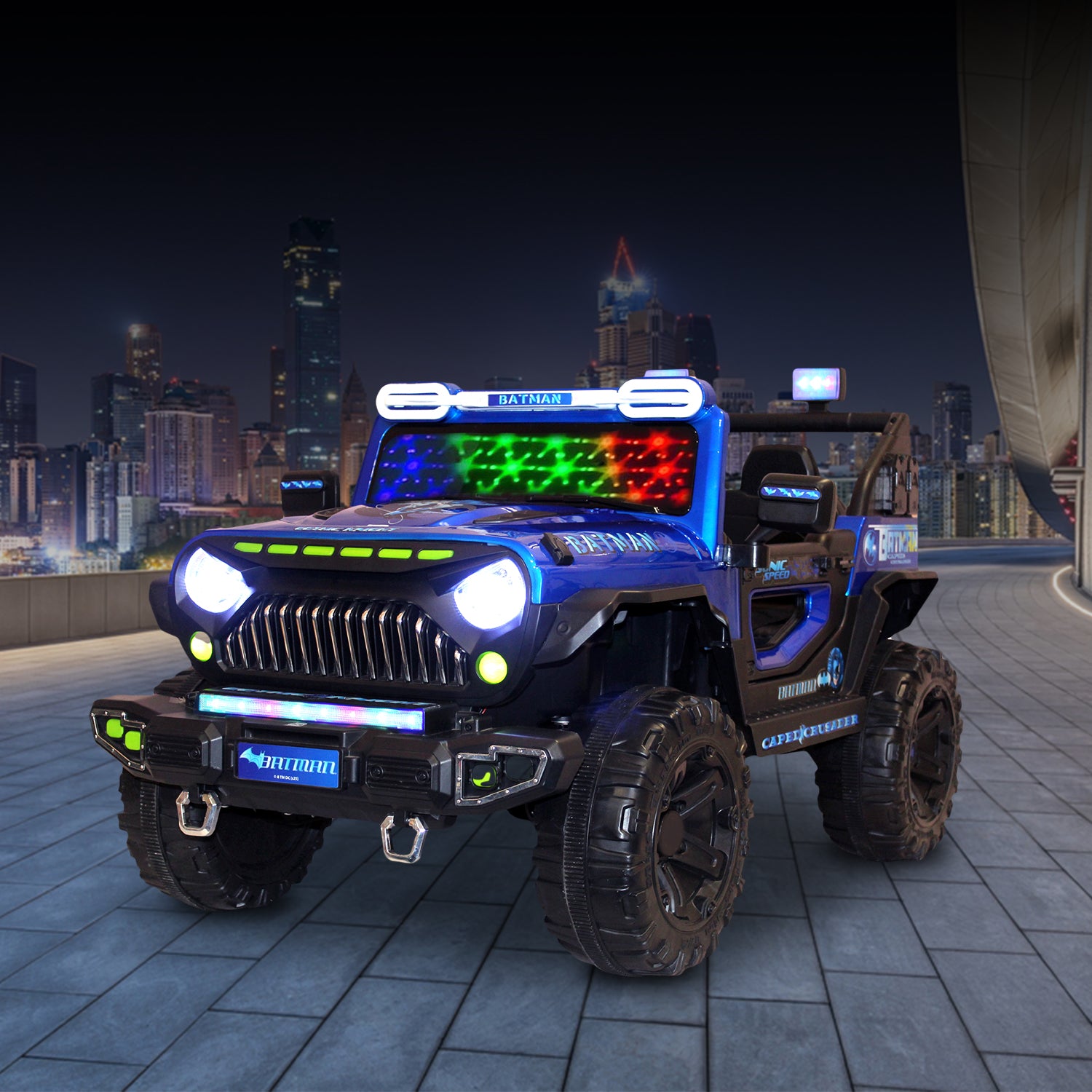 Leotoon Licensed BATMAN Terrain SUV | 2B 6V/5AH | 4M 12V/16000 RPM | 2.4 GHz Remote | USB/MP3 | 2 Seater | Rocking | Windshield Dancing LED | Bumper With LED | BIS Certified | (Metallic Blue) (3-10 Years)