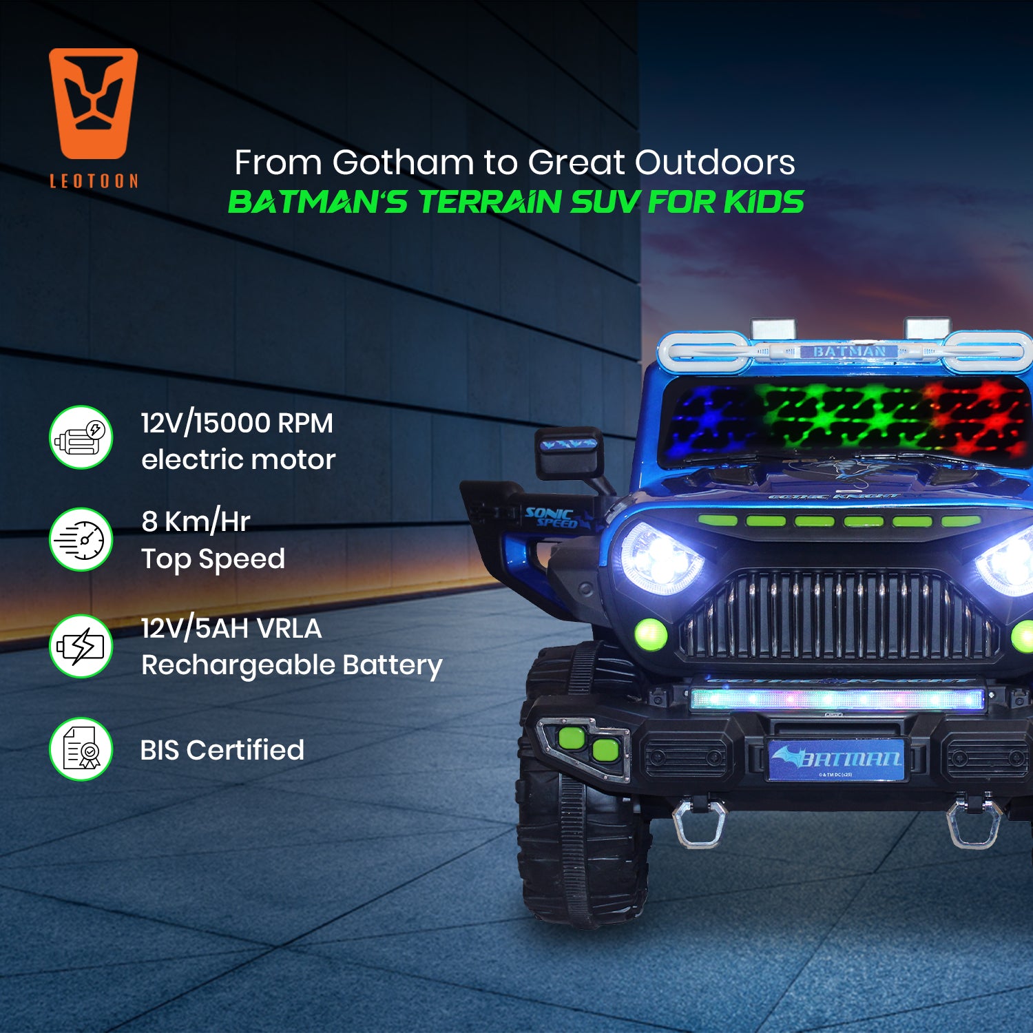 Leotoon Licensed BATMAN Terrain SUV | 2B 6V/5AH | 4M 12V/16000 RPM | 2.4 GHz Remote | USB/MP3 | 2 Seater | Rocking | Windshield Dancing LED | Bumper With LED | BIS Certified | (Metallic Blue) (3-10 Years)