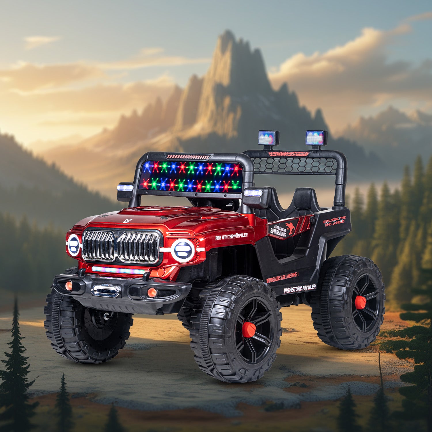 Leotoon Dinosaurs SUV | 2B 6V/5AH | 2M 12V/15000 RPM | 2.4 GHz Remote | USB/MP3 | LED Windshield | Rocking Function | Dual Tone Lights | Bluetooth | BIS Certified | (Metallic Red) (3-8 Years)