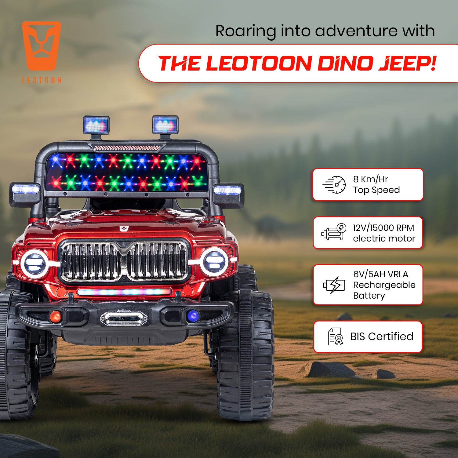 Leotoon Dinosaurs SUV | 2B 6V/5AH | 2M 12V/15000 RPM | 2.4 GHz Remote | USB/MP3 | LED Windshield | Rocking Function | Dual Tone Lights | Bluetooth | BIS Certified | (Metallic Red) (3-8 Years)