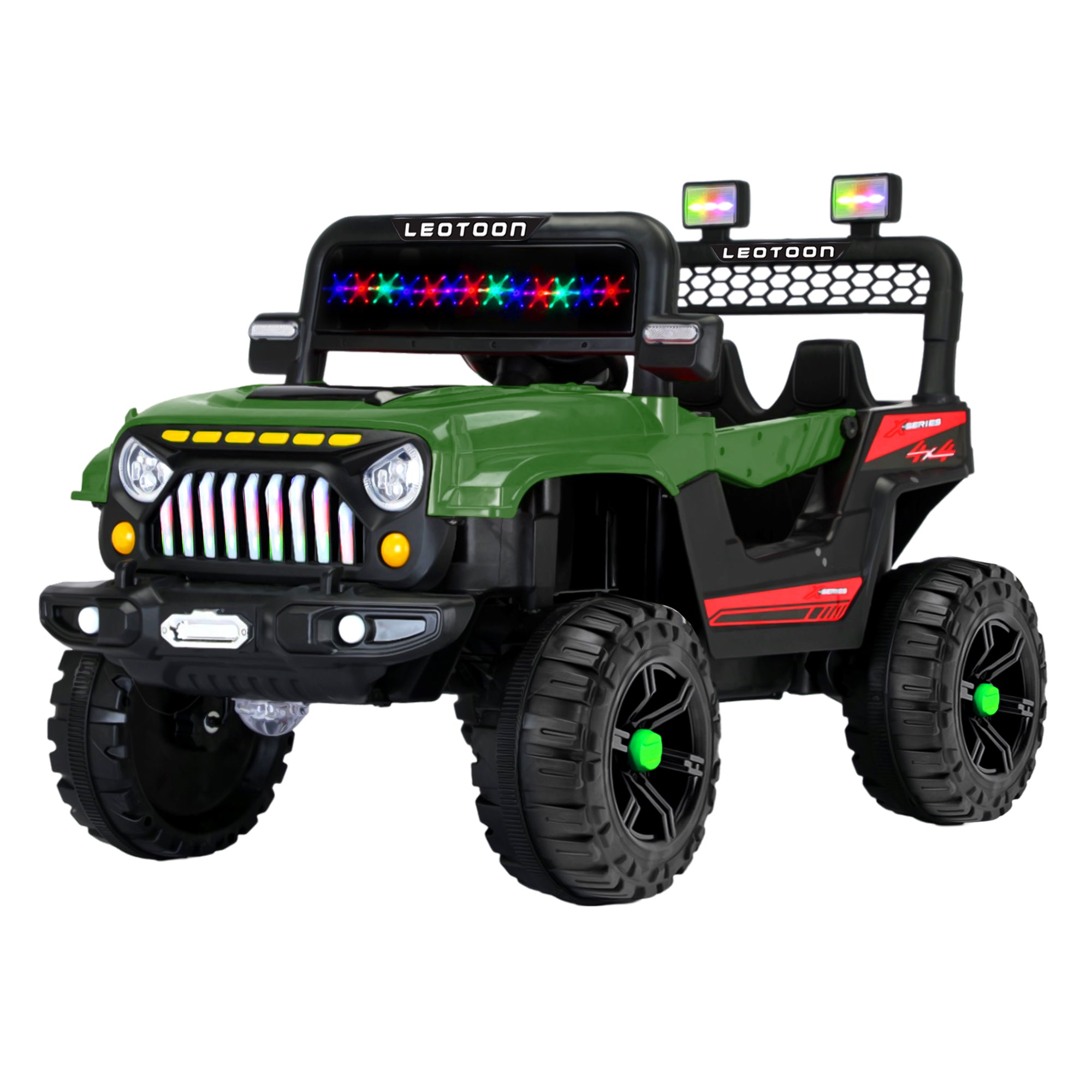 Leotoon Mountain Storm SUV | 2B 6V/5AH | 2M 12V/15000 RPM | 2.4 GHz Remote | USB/MP3 | LED Windshield | Rocking Function | Dual Tone Lights | Bluetooth | BIS Certified | (Metallic Green) (3-8 Years)