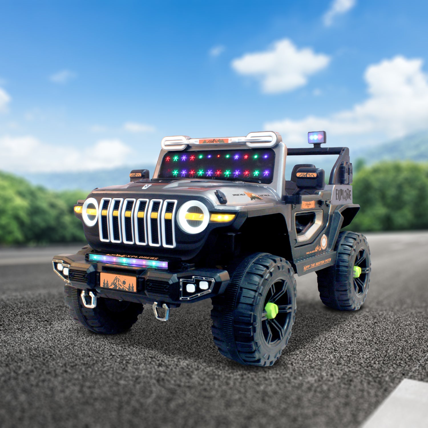 Leotoon Explorer SUV | 2B 6V/5AH | 4M 12V/16000 RPM | 2.4 GHz Remote | USB/MP3 | 2 Seater | Rocking | Windshield Dancing LED | Bumper With LED | BIS Certified | (Metallic Grey) (3-10 Years)
