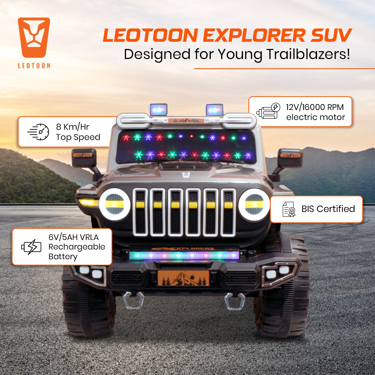 Leotoon Explorer SUV | 2B 6V/5AH | 4M 12V/16000 RPM | 2.4 GHz Remote | USB/MP3 | 2 Seater | Rocking | Windshield Dancing LED | Bumper With LED | BIS Certified | (Metallic Grey) (3-10 Years)