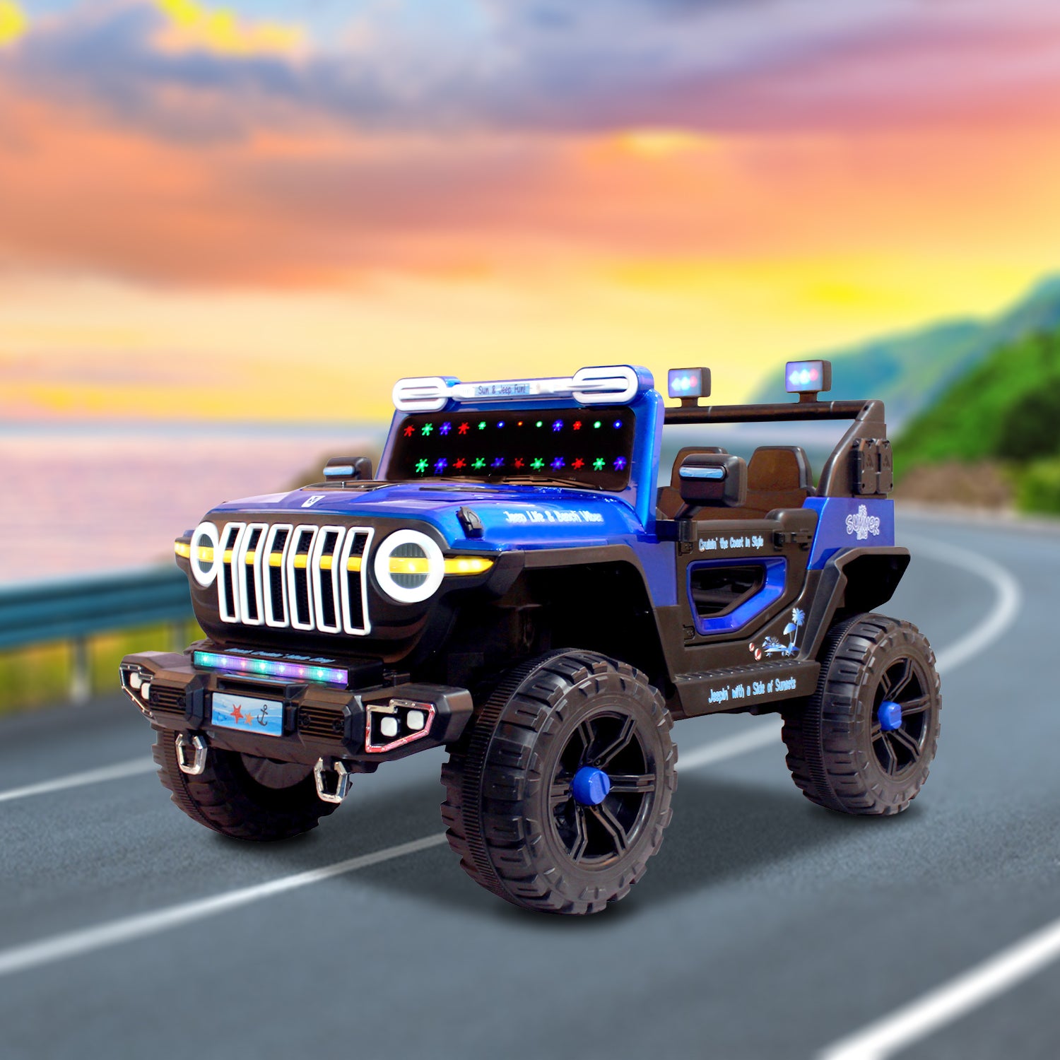 Leotoon Beach Cruiser SUV | 2B 6V/5AH | 4M 12V/16000 RPM | 2.4 GHz Remote | USB/MP3 | 2 Seater | Rocking | Windshield Dancing LED | Bumper With LED | BIS Certified | (Metallic Blue) (3-10 Years)