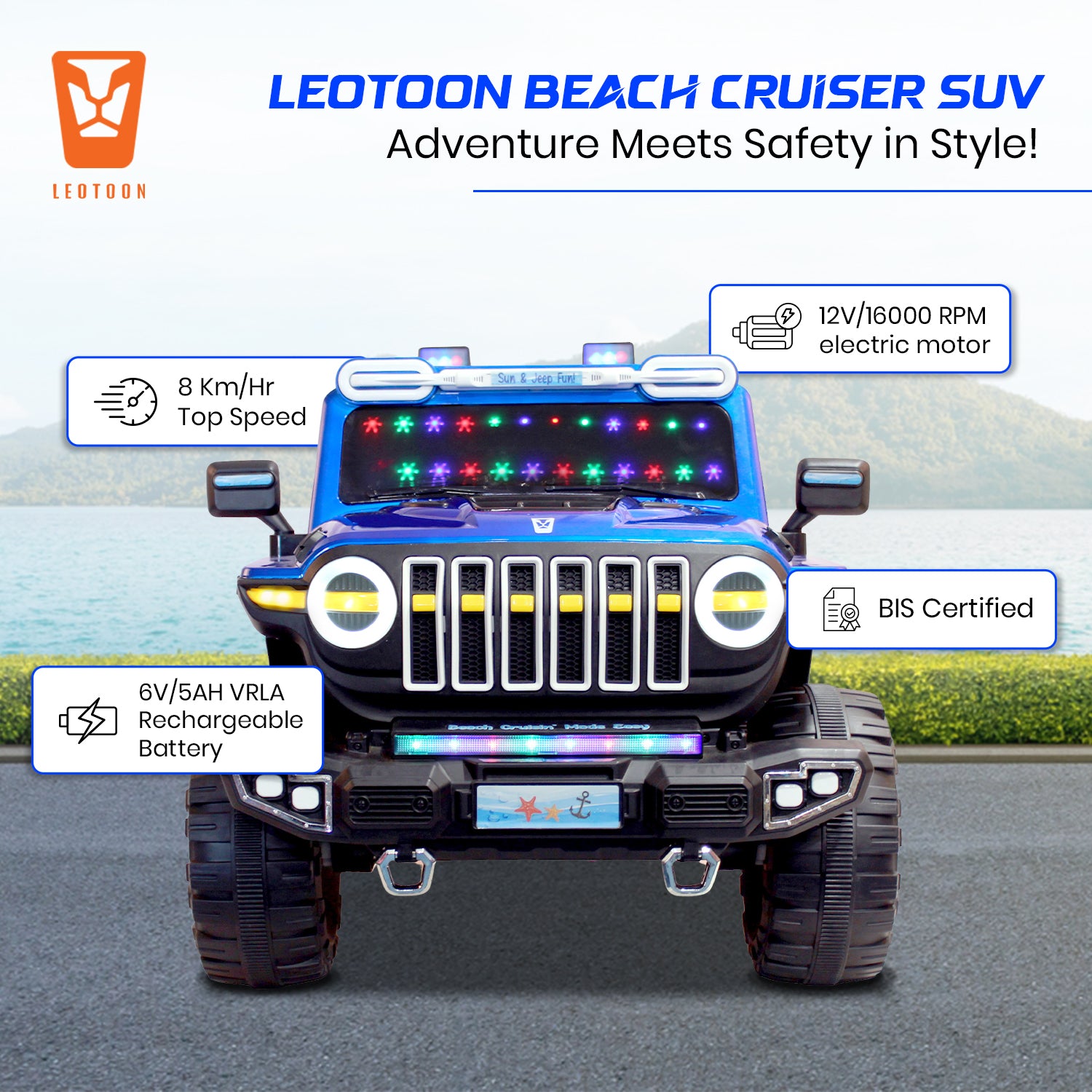 Leotoon Beach Cruiser SUV | 2B 6V/5AH | 4M 12V/16000 RPM | 2.4 GHz Remote | USB/MP3 | 2 Seater | Rocking | Windshield Dancing LED | Bumper With LED | BIS Certified | (Metallic Blue) (3-10 Years)
