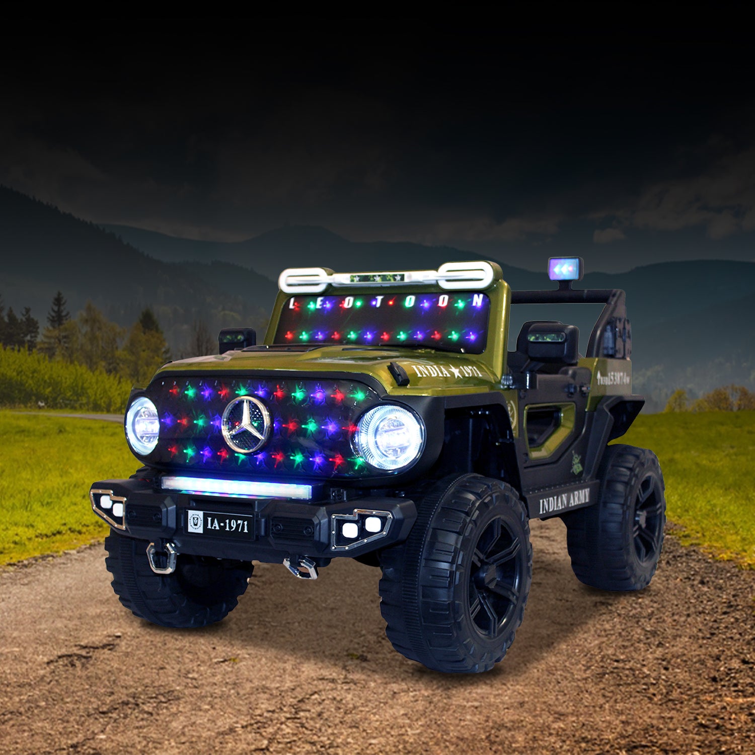 Leotoon Army SUV | 1B 12V/5AH | 4M 12V/16000 RPM | 2.4 GHz Remote | USB/MP3 | 2 Seater | Rocking Function | Windshield Lights | Bluetooth | BIS Certified | (Metallic Military Green) (3-10 Years)
