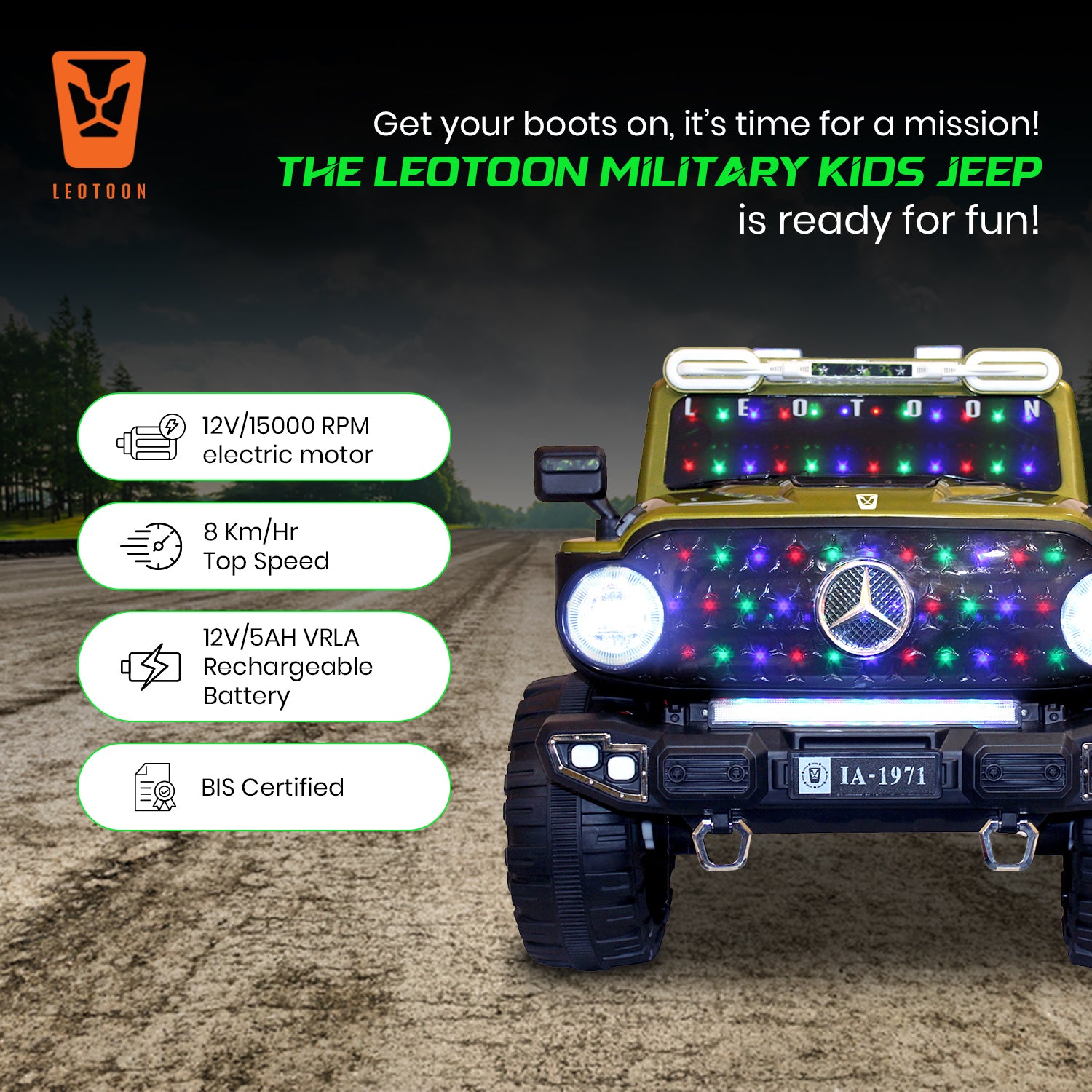 Leotoon Army SUV | 1B 12V/5AH | 4M 12V/16000 RPM | 2.4 GHz Remote | USB/MP3 | 2 Seater | Rocking Function | Windshield Lights | Bluetooth | BIS Certified | (Metallic Military Green) (3-10 Years)