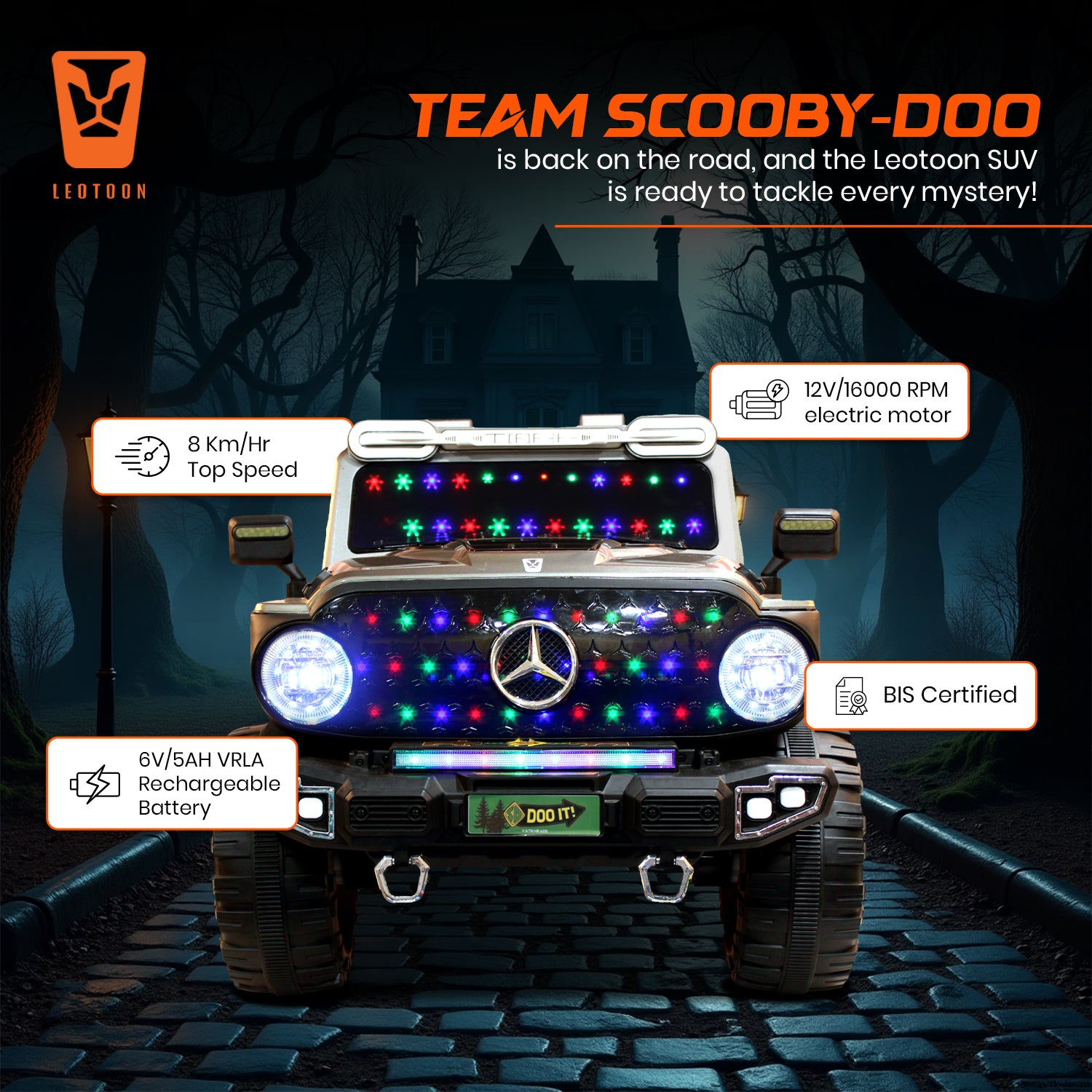 Leotoon Licensed Scooby Doo SUV | 2B 6V/5AH | 4M 12V/16000 RPM | 2.4 GHz Remote | USB/MP3 | 2 Seater | Rocking | Windshield Dancing LED | Bumper With LED | BIS Certified | (Metallic Grey) (3-10 Years)