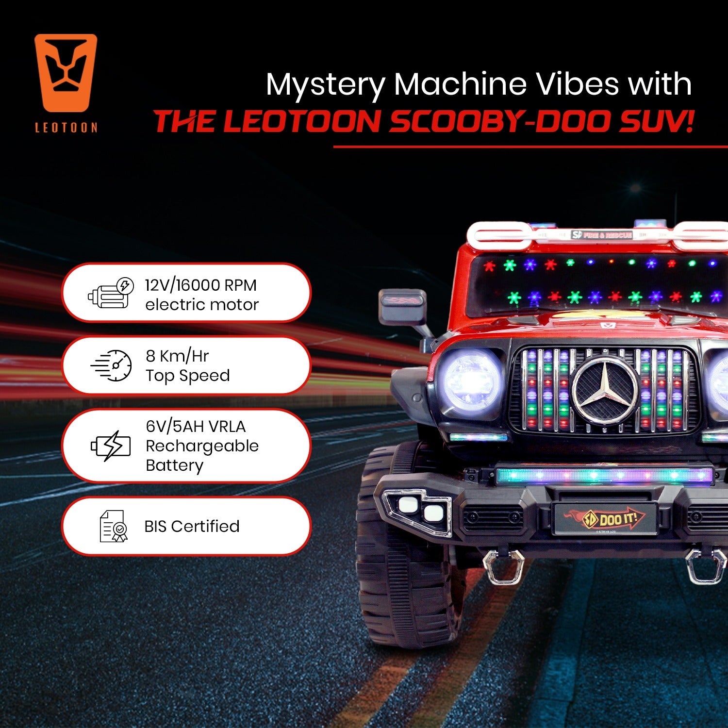 Leotoon Licensed Scooby Doo SUV | 2B 6V/5AH | 4M 12V/16000 RPM | 2.4 GHz Remote | USB/MP3 | 2 Seater | Rocking | Windshield Dancing LED | Bumper With LED | BIS Certified | (Metallic Red) (3-10 Years)