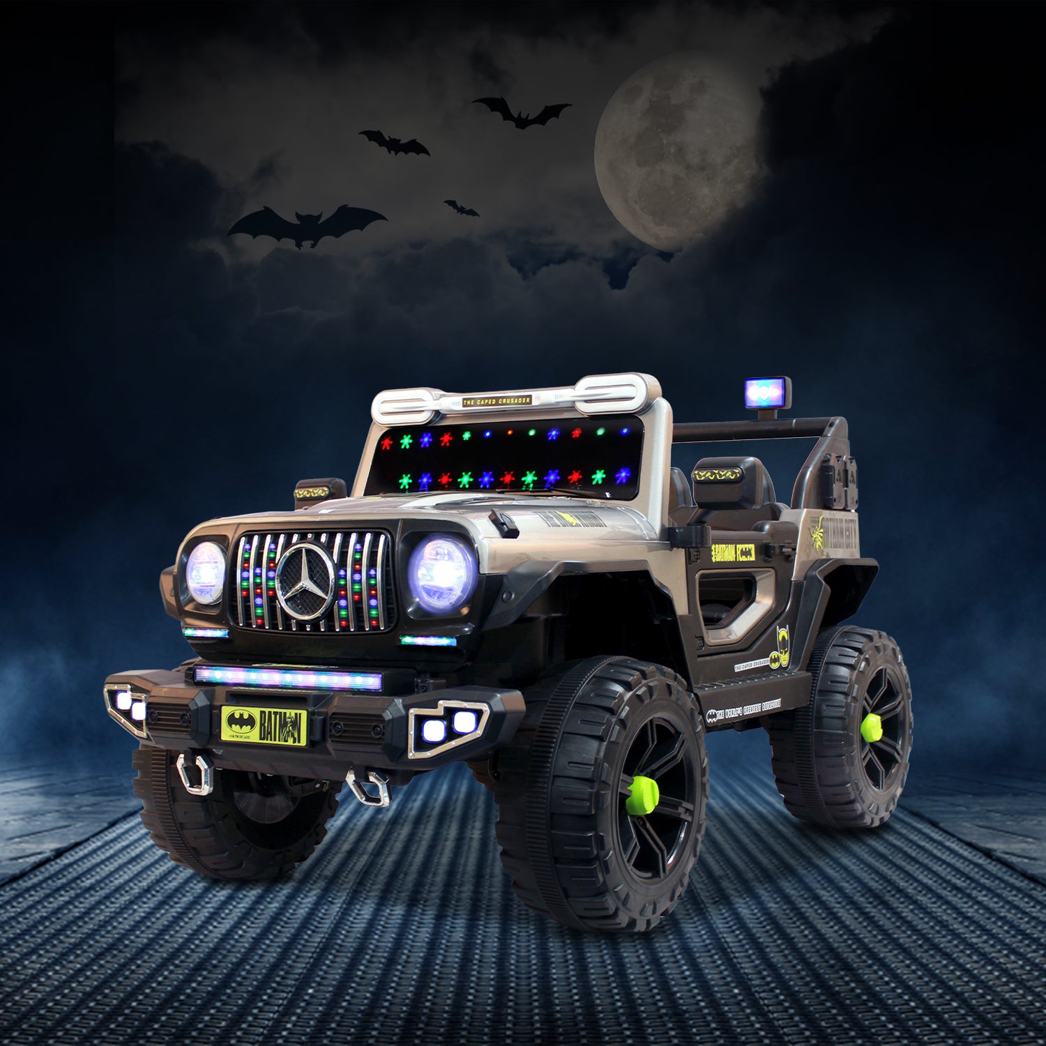 Leotoon Licensed Batman SUV | 2B 6V/5AH | 4M 12V/16000 RPM | 2.4 GHz Remote | USB/MP3 | 2 Seater | Rocking | Windshield Dancing LED | Bumper With LED | BIS Certified | (Metallic Grey) (3-10 Years)
