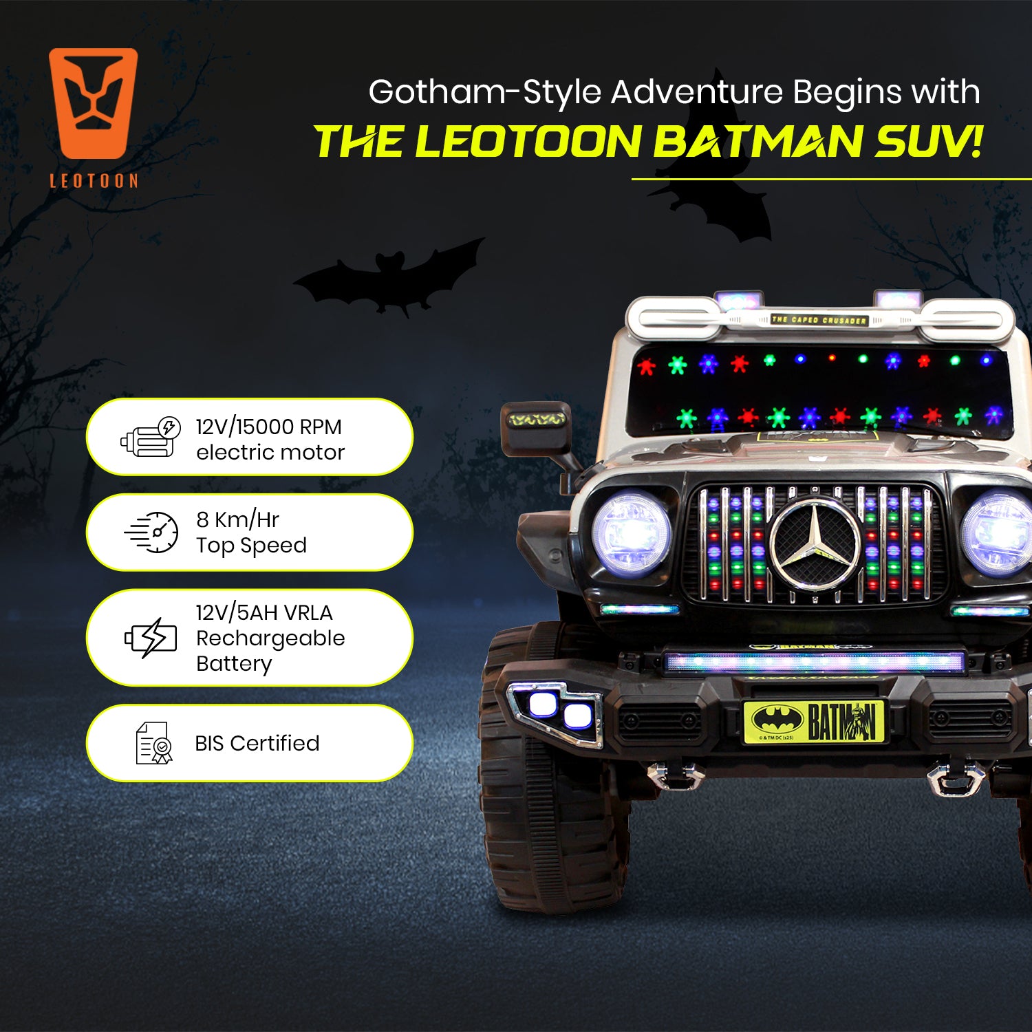 Leotoon Licensed Batman SUV | 2B 6V/5AH | 4M 12V/16000 RPM | 2.4 GHz Remote | USB/MP3 | 2 Seater | Rocking | Windshield Dancing LED | Bumper With LED | BIS Certified | (Metallic Grey) (3-10 Years)