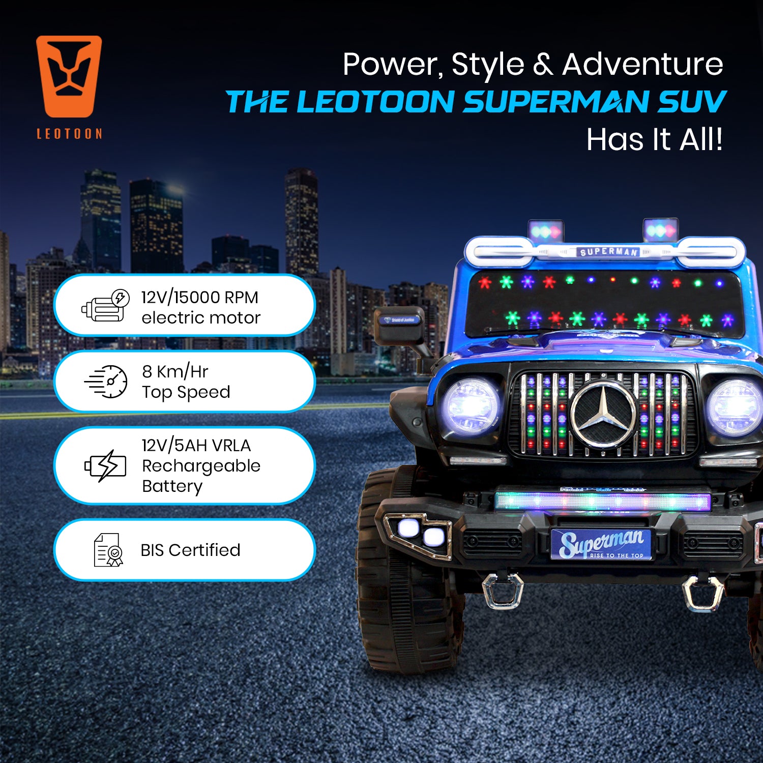 Leotoon Licensed Superman SUV | 2B 6V/5AH | 4M 12V/16000 RPM | 2.4 GHz Remote | USB/MP3 | 2 Seater | Rocking | Windshield Dancing LED | Bumper With LED | BIS Certified | (Metallic Blue) (3-10 Years)