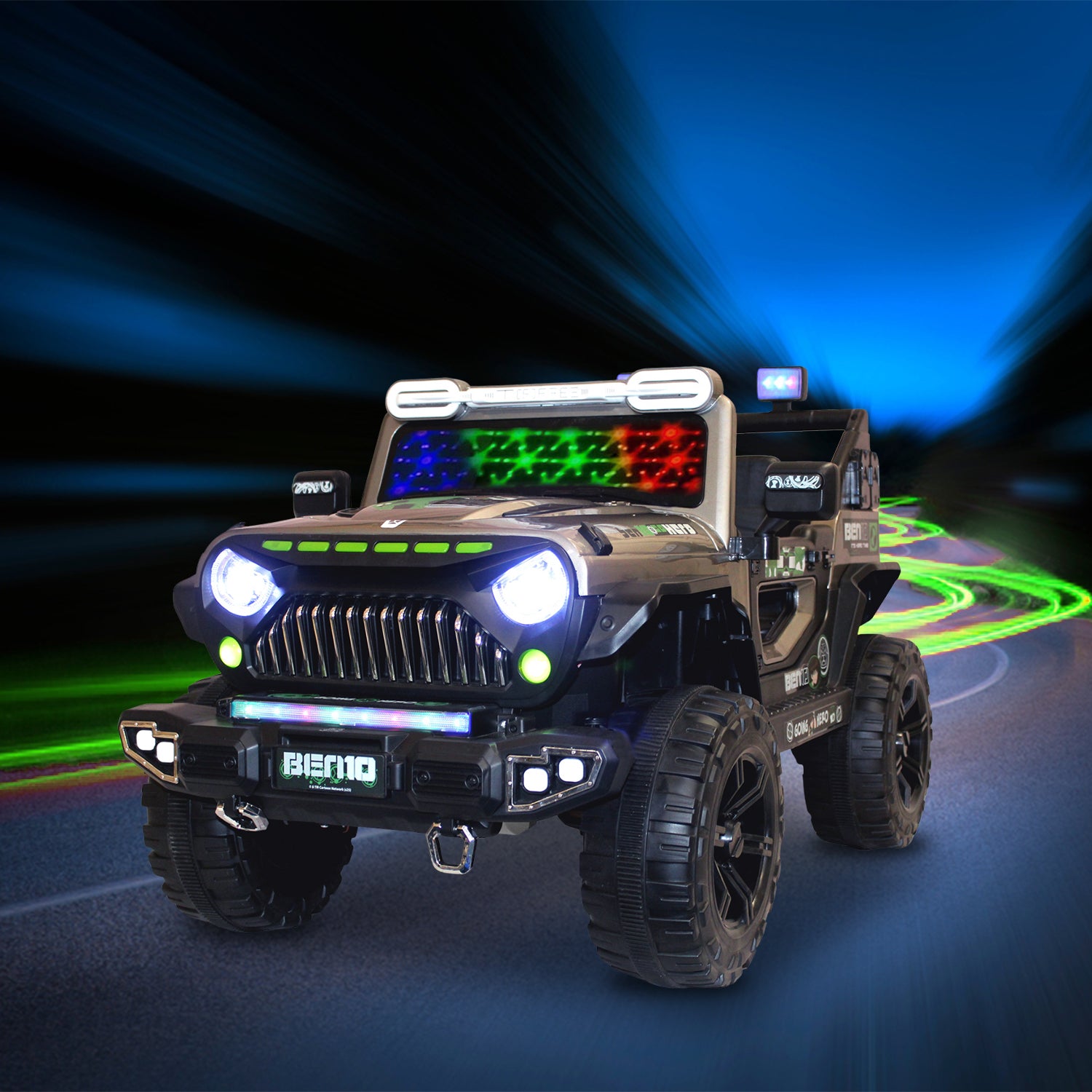 Leotoon Licensed BEN10 Terrain SUV | 2B 6V/5AH | 4M 12V/16000 RPM | 2.4 GHz Remote | USB/MP3 | 2 Seater | Rocking | Windshield Dancing LED | Bumper With LED | BIS Certified | (Metallic Grey) (3-10 Years)
