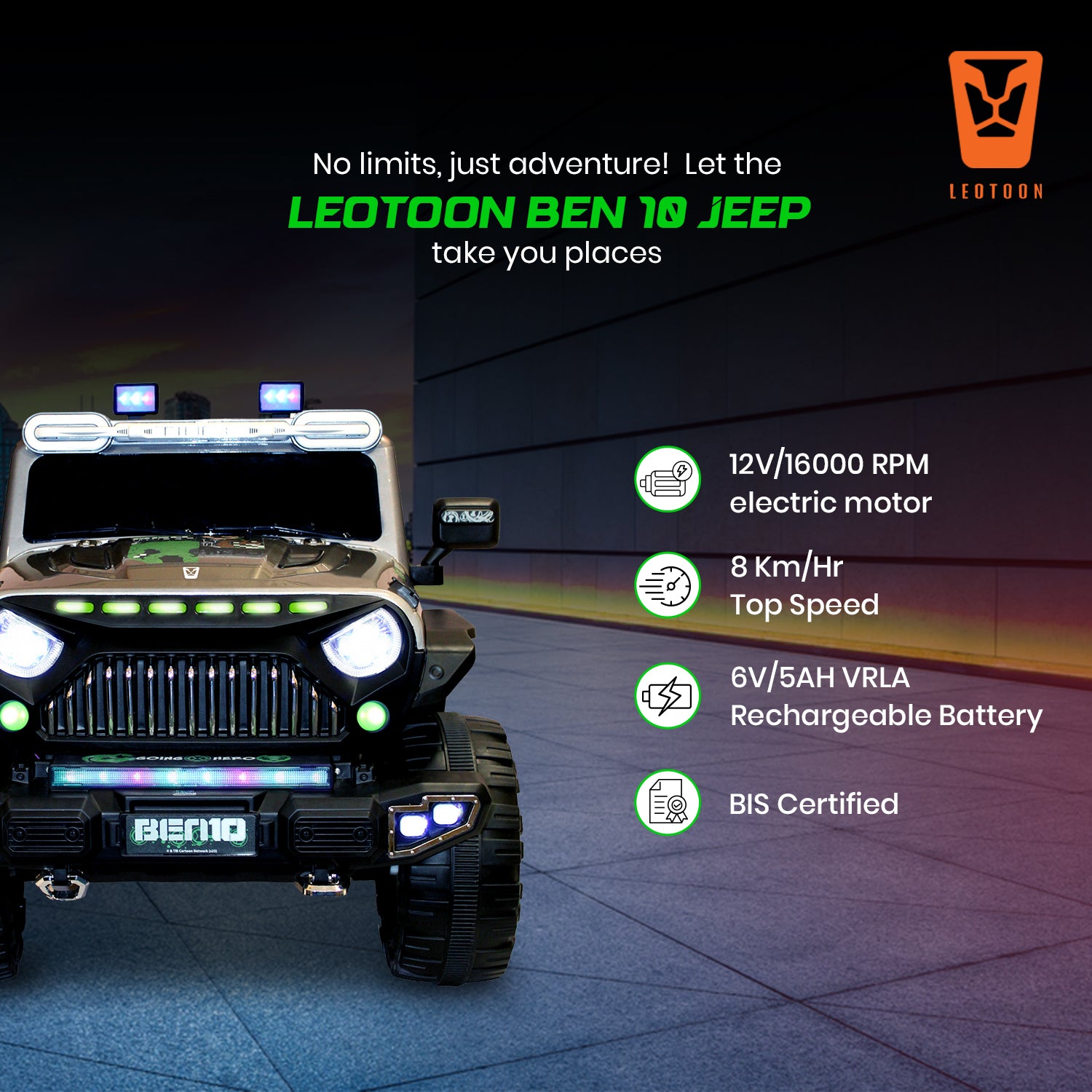 Leotoon Licensed BEN10 Terrain SUV | 2B 6V/5AH | 4M 12V/16000 RPM | 2.4 GHz Remote | USB/MP3 | 2 Seater | Rocking | Windshield Dancing LED | Bumper With LED | BIS Certified | (Metallic Grey) (3-10 Years)