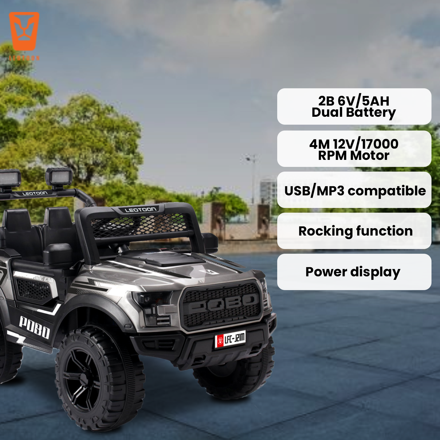 Leotoon POBO Kids SUV | 2 Battery 6V/5AH | 4 Motor 12V/17000 RPM | 2.4 GHz Remote | USB/MP3 | 2 Seater | Rocking Function | Dual Tone Headlights | Power Display | BIS Certified | (Metallic Grey) (3-8 Years)