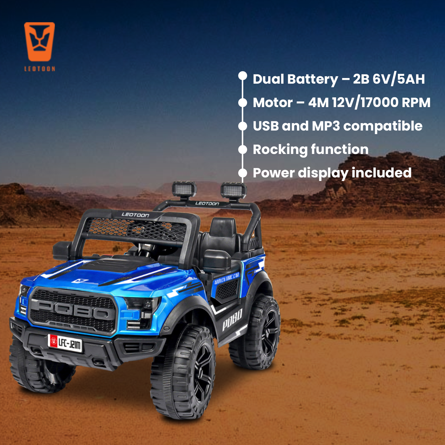 Leotoon POBO Kids SUV | 2B 6V/5AH | 4M 12V/17000 RPM | 2.4 GHz Remote | USB/MP3 | 2 Seater | Rocking Function | Dual Tone Headlights | Power Display | BIS Certified | (Metallic Blue) (3-8 Years)