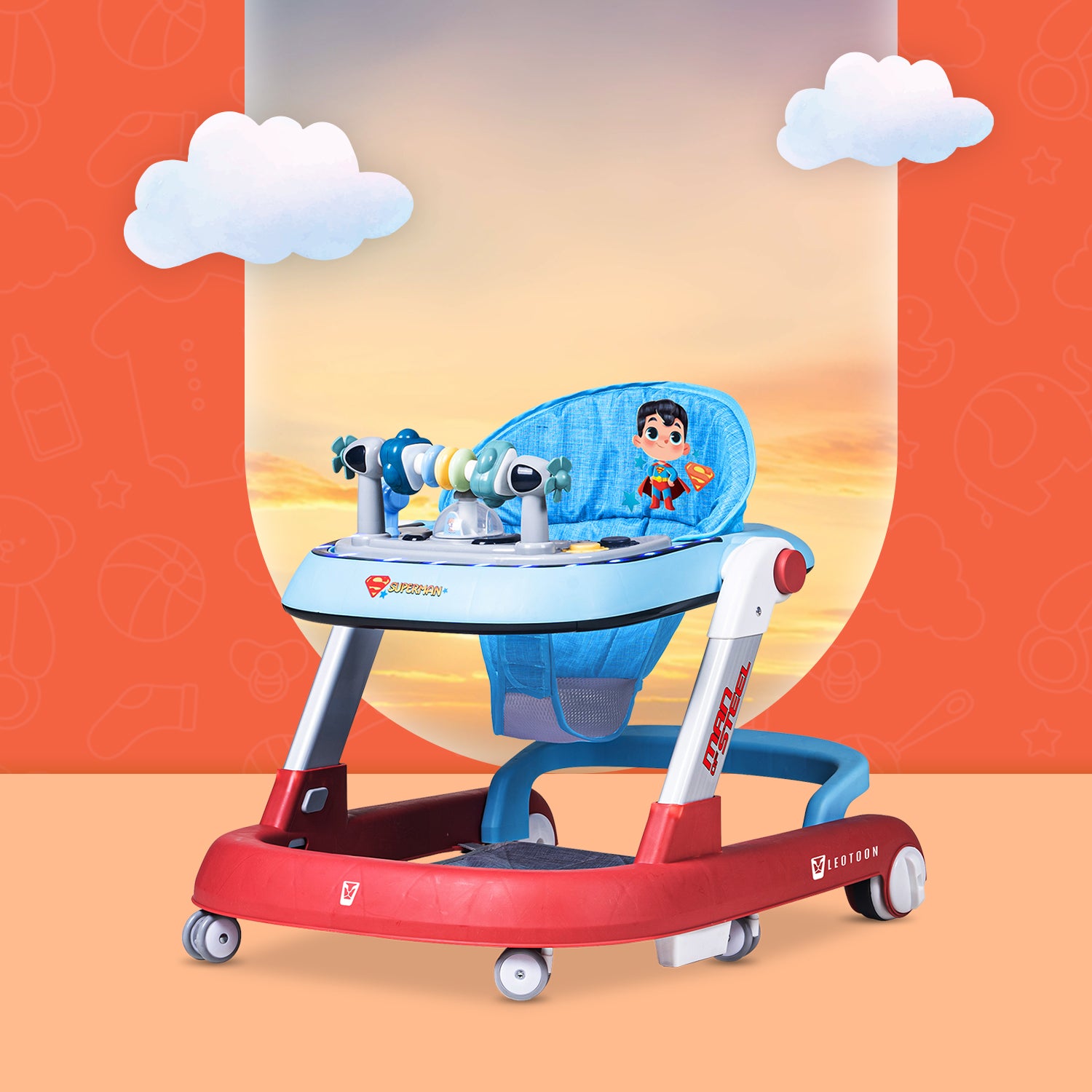 Leotoon 2-in-1 Licensed Superman Walker | 2 Level Adjustable Height | Musical Tray | Infant Activity Walker | 4 Multi-Directional Mute Wheels | LED Decorated | Foldable Design | Foot Mat | Anti Fall | Speed Control | BIS | (Red) (6-24 Months)
