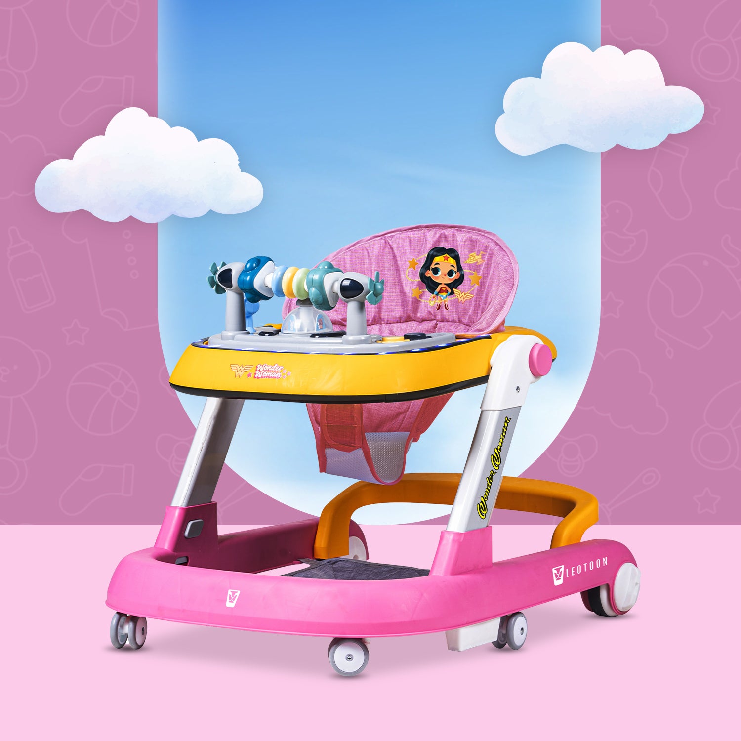Leotoon 2-in-1 Licensed Wonder Woman Walker | 2 Level Adjustable Height | Musical Tray | Infant Activity Walker | 4 Multi-Directional Mute Wheels | LED Decorated | Foldable Design | Foot Mat | Anti Fall | Speed Control | BIS | (Pink) (6-24 Months)