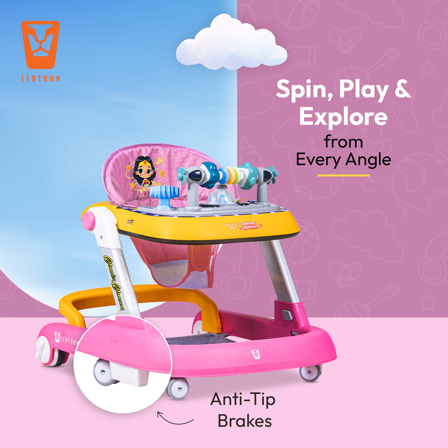 Leotoon 2-in-1 Licensed Wonder Woman Walker | 2 Level Adjustable Height | Musical Tray | Infant Activity Walker | 4 Multi-Directional Mute Wheels | LED Decorated | Foldable Design | Foot Mat | Anti Fall | Speed Control | BIS | (Pink) (6-24 Months)