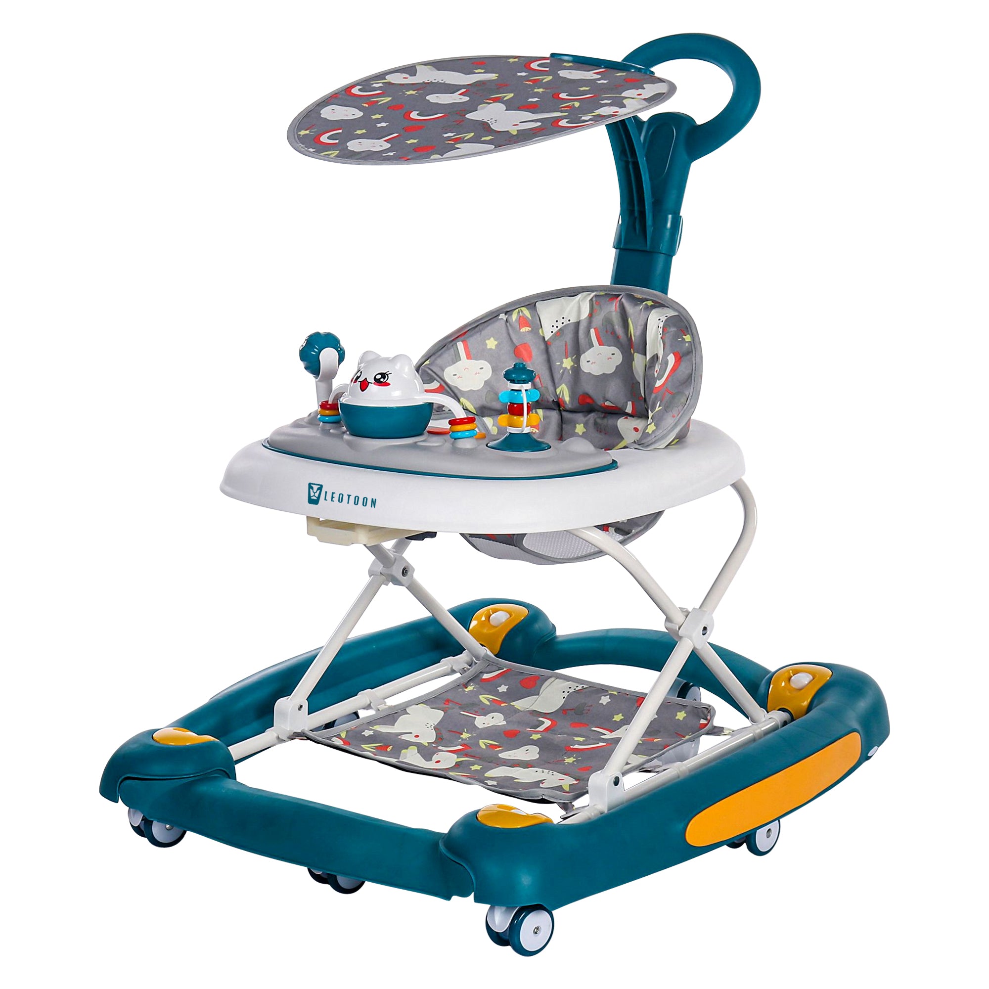 Leotoon 2-in-1 Celeste Baby Walker Cum Rocker | 3 Level Height | Musical Tray | With Rocking | Parental Handle | Sunshade | Foot Mat | Anti-Fall | Anti-Skid | 8 Mute Wheels | Wide Base | Safe | BIS Certified | (Blue) (6-24 Months)