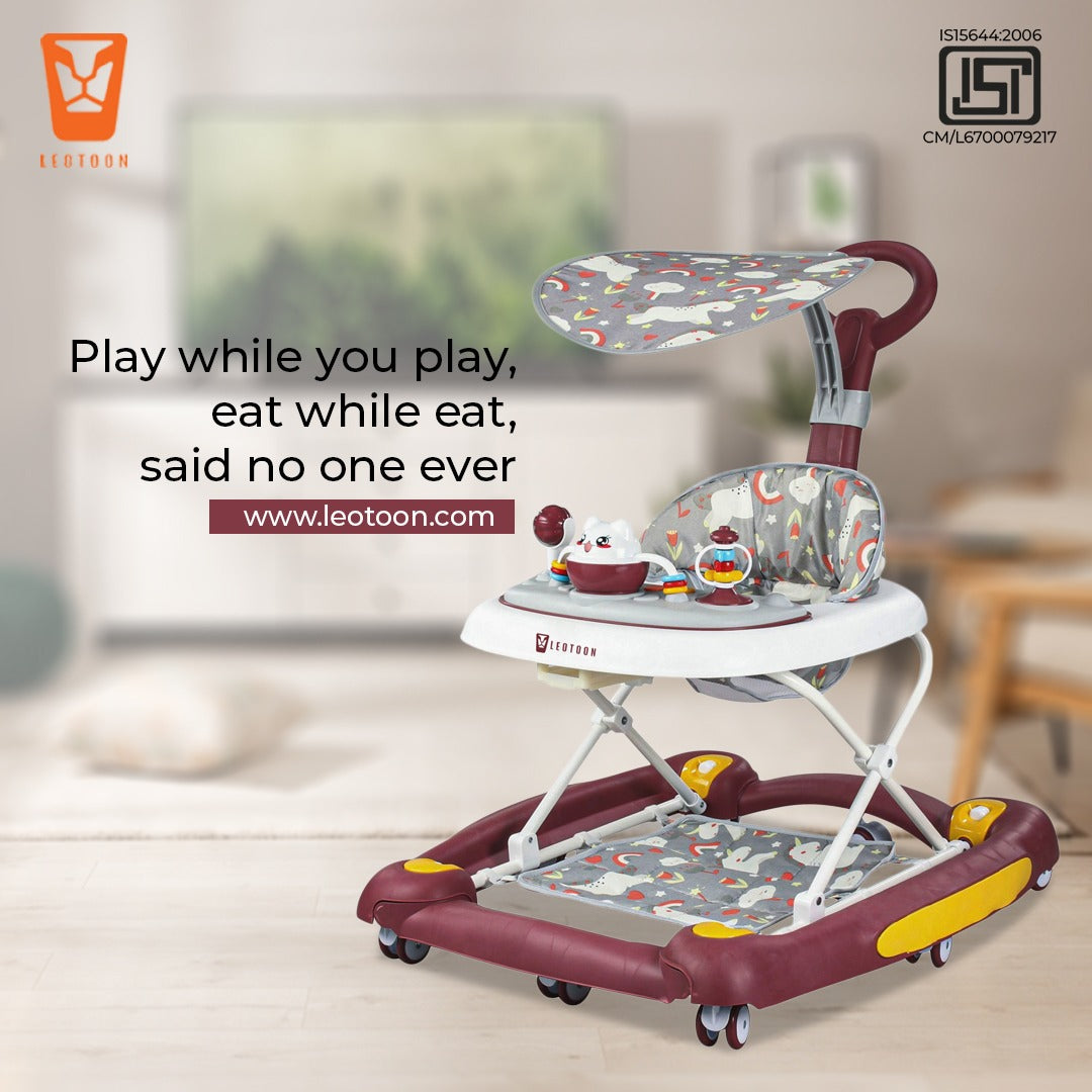 Leotoon 2-in-1 Celeste Baby Walker Cum Rocker | 3 Level Height | Musical Tray | With Rocking | Parental Handle | Sunshade | Foot Mat | Anti-Fall | Anti-Skid | 8 Mute Wheels | Wide Base | Safe | BIS Certified | (Brown) (6-24 Months)