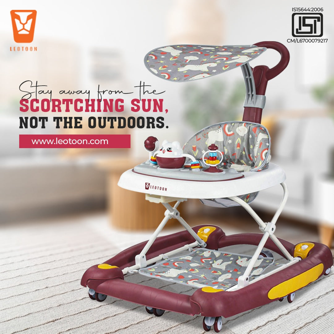 Leotoon 2-in-1 Celeste Baby Walker Cum Rocker | 3 Level Height | Musical Tray | With Rocking | Parental Handle | Sunshade | Foot Mat | Anti-Fall | Anti-Skid | 8 Mute Wheels | Wide Base | Safe | BIS Certified | (Brown) (6-24 Months)