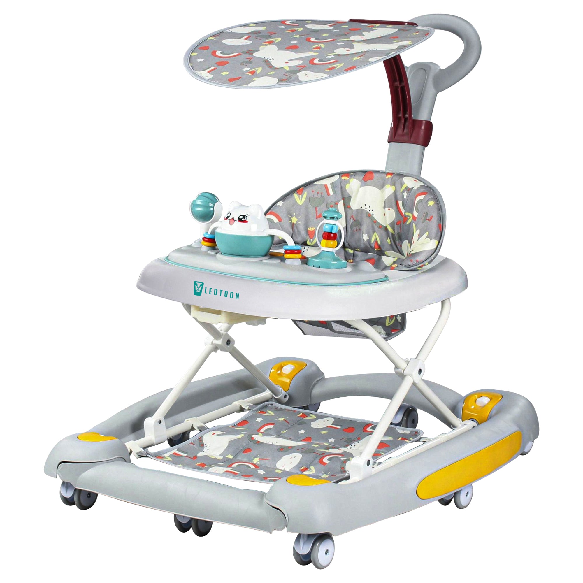 Leotoon 2-in-1 Celeste Baby Walker Cum Rocker | 3 Level Height | Musical Tray | With Rocking | Parental Handle | Sunshade | Foot Mat | Anti-Fall | Anti-Skid | 8 Mute Wheels | Wide Base | Safe | BIS Certified | (Grey) (6-24 Months)