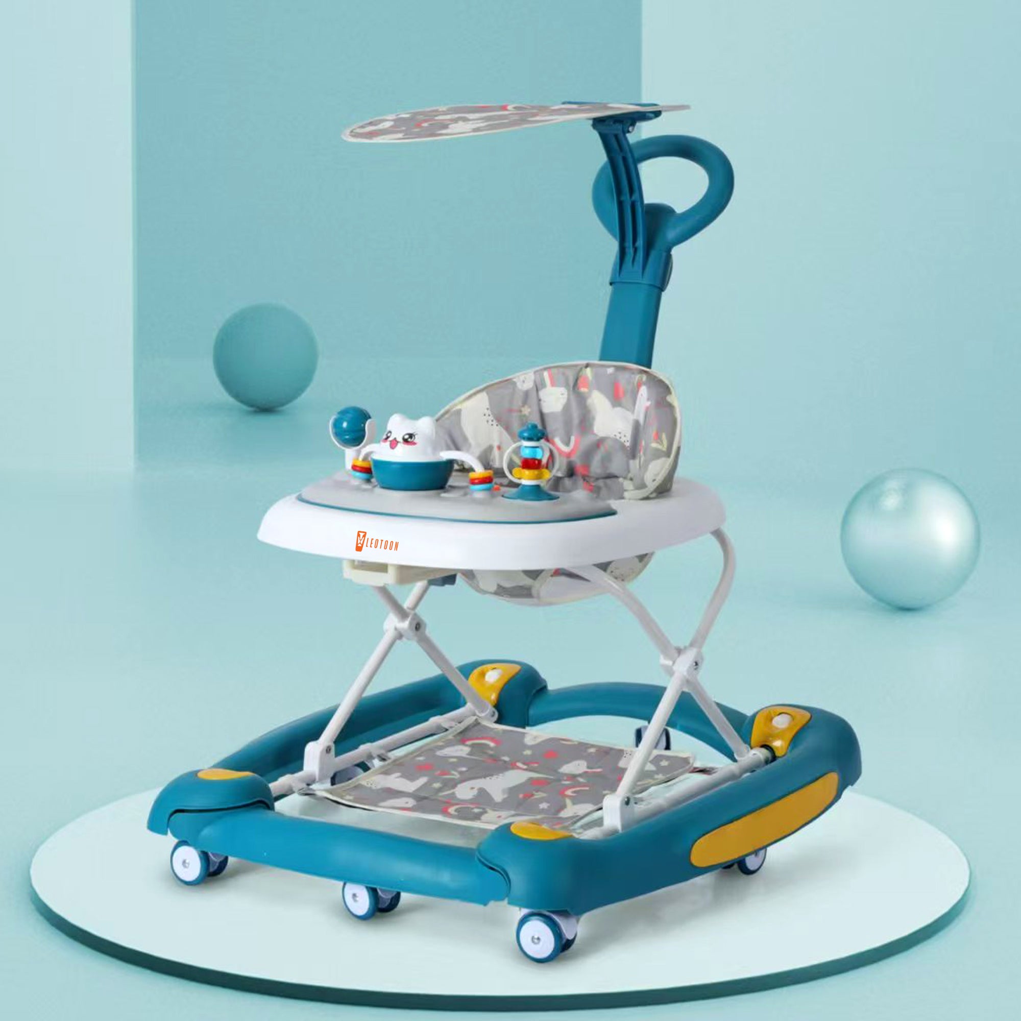 Leotoon 2-in-1 Celeste Baby Walker Cum Rocker | 3 Level Height | Musical Tray | With Rocking | Parental Handle | Sunshade | Foot Mat | Anti-Fall | Anti-Skid | 8 Mute Wheels | Wide Base | Safe | BIS Certified | (Blue) (6-24 Months)