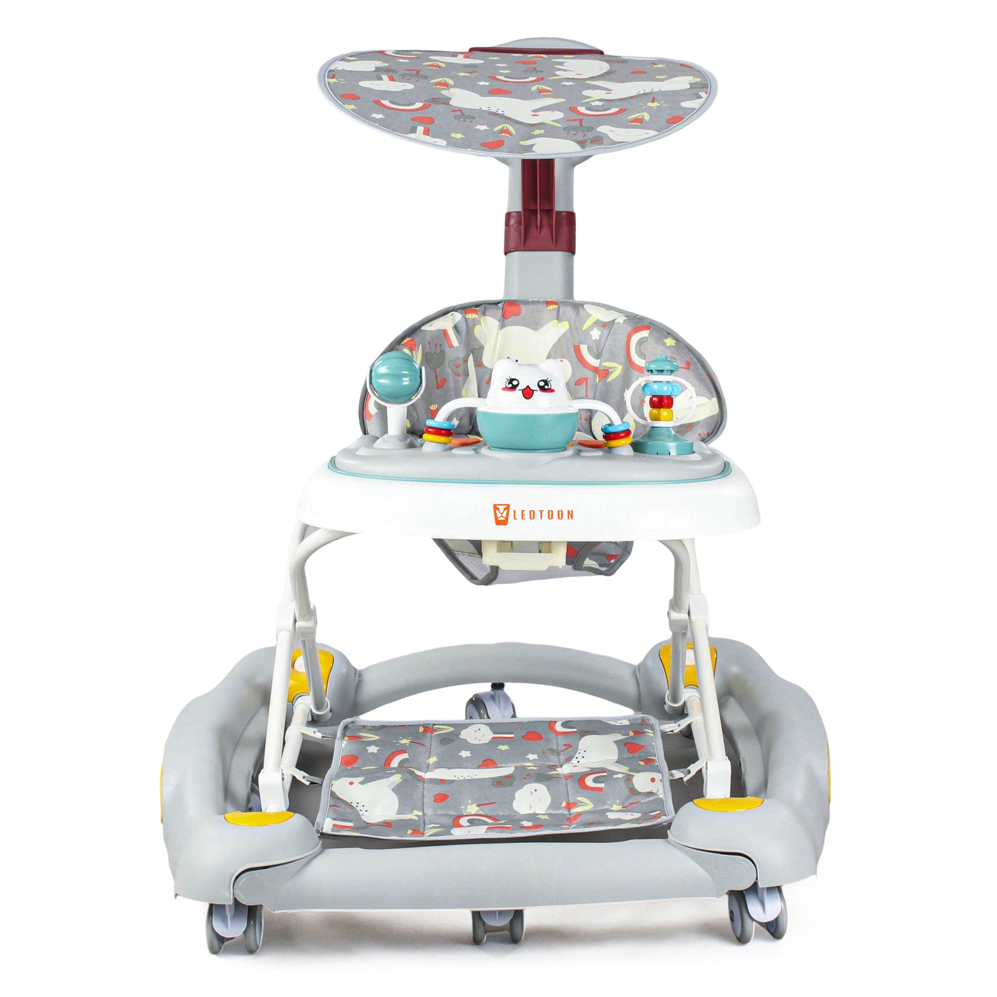Leotoon 2-in-1 Celeste Baby Walker Cum Rocker | 3 Level Height | Musical Tray | With Rocking | Parental Handle | Sunshade | Foot Mat | Anti-Fall | Anti-Skid | 8 Mute Wheels | Wide Base | Safe | BIS Certified | (Grey) (6-24 Months)