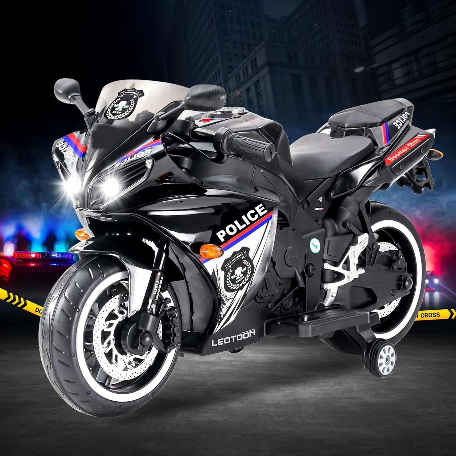 Leotoon Indian Police Bike | 12V/5AH Battery | 12V/15000 RPM Motor | Hand Accelerator | USB/MP3 Interface | Educational Rhymes | LED Light | English Music | BIS Certified | (Metallic Black) (3-8 Years)