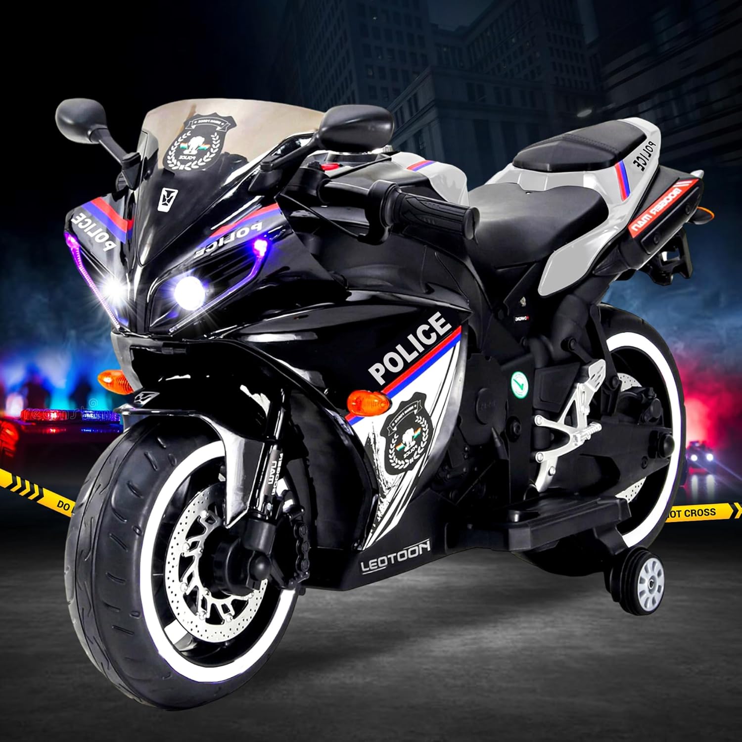 Leotoon Indian Police Bike | 12V/5AH Battery | 12V/15000 RPM Motor | Hand Accelerator | USB/MP3 Interface | Educational Rhymes | LED Light | English Music | BIS Certified | (Metallic Silver) (3-8 Years)