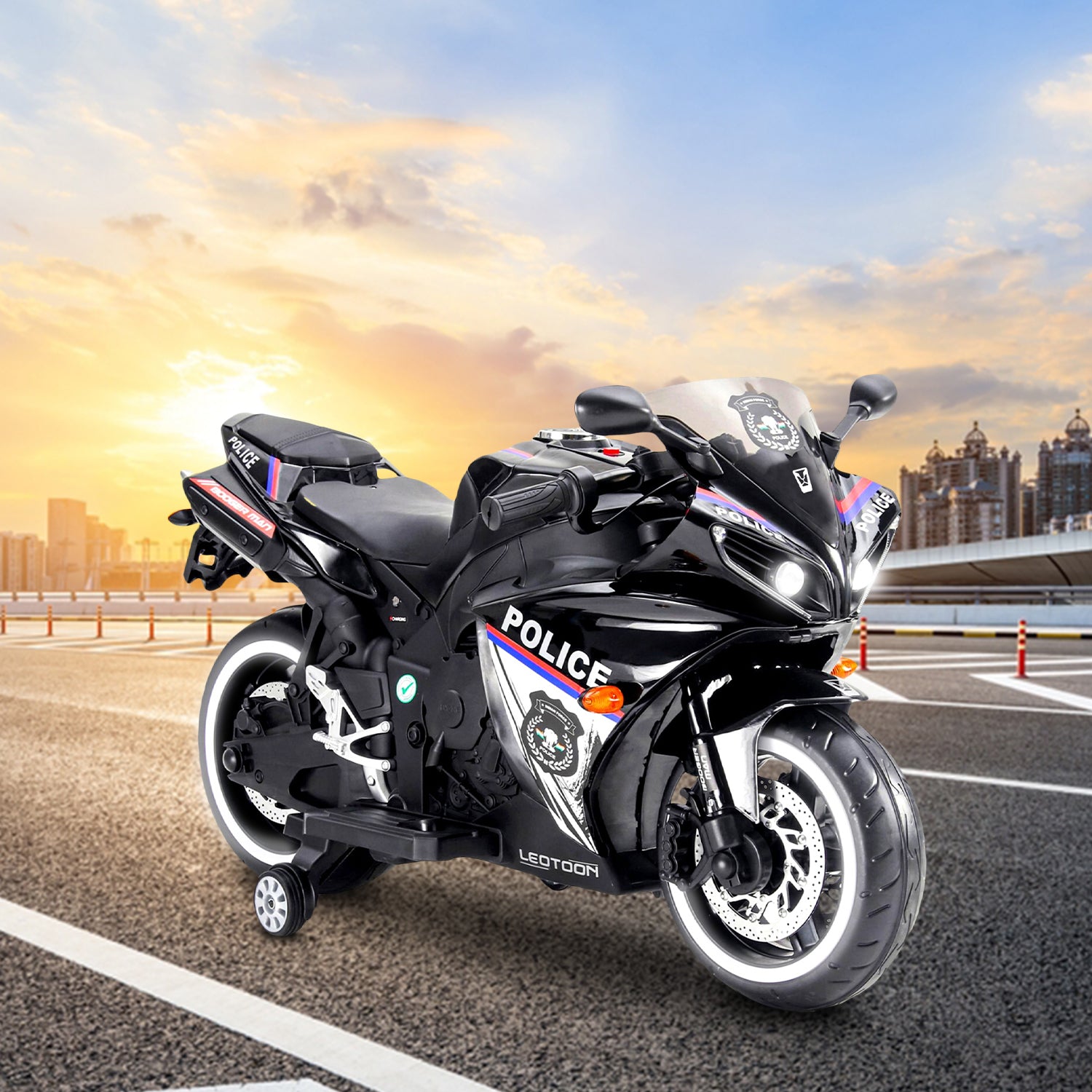 Leotoon Indian Police Bike | 12V/5AH Battery | 12V/15000 RPM Motor | Hand Accelerator | USB/MP3 Interface | Educational Rhymes | LED Light | English Music | BIS Certified | (Metallic Black) (3-8 Years)